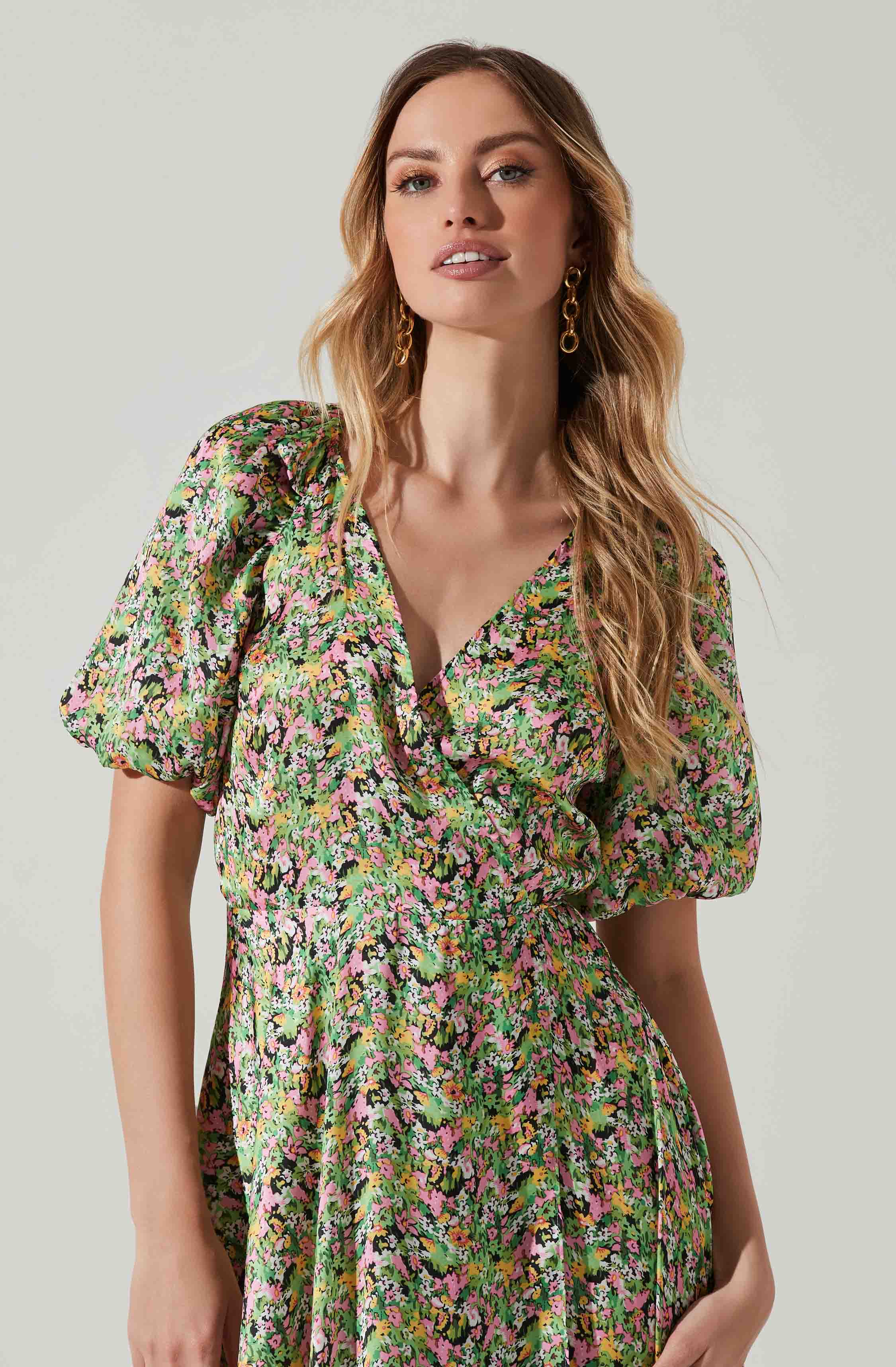 Satin Floral Bubble Sleeve Wrap Midi Dress-Aljck