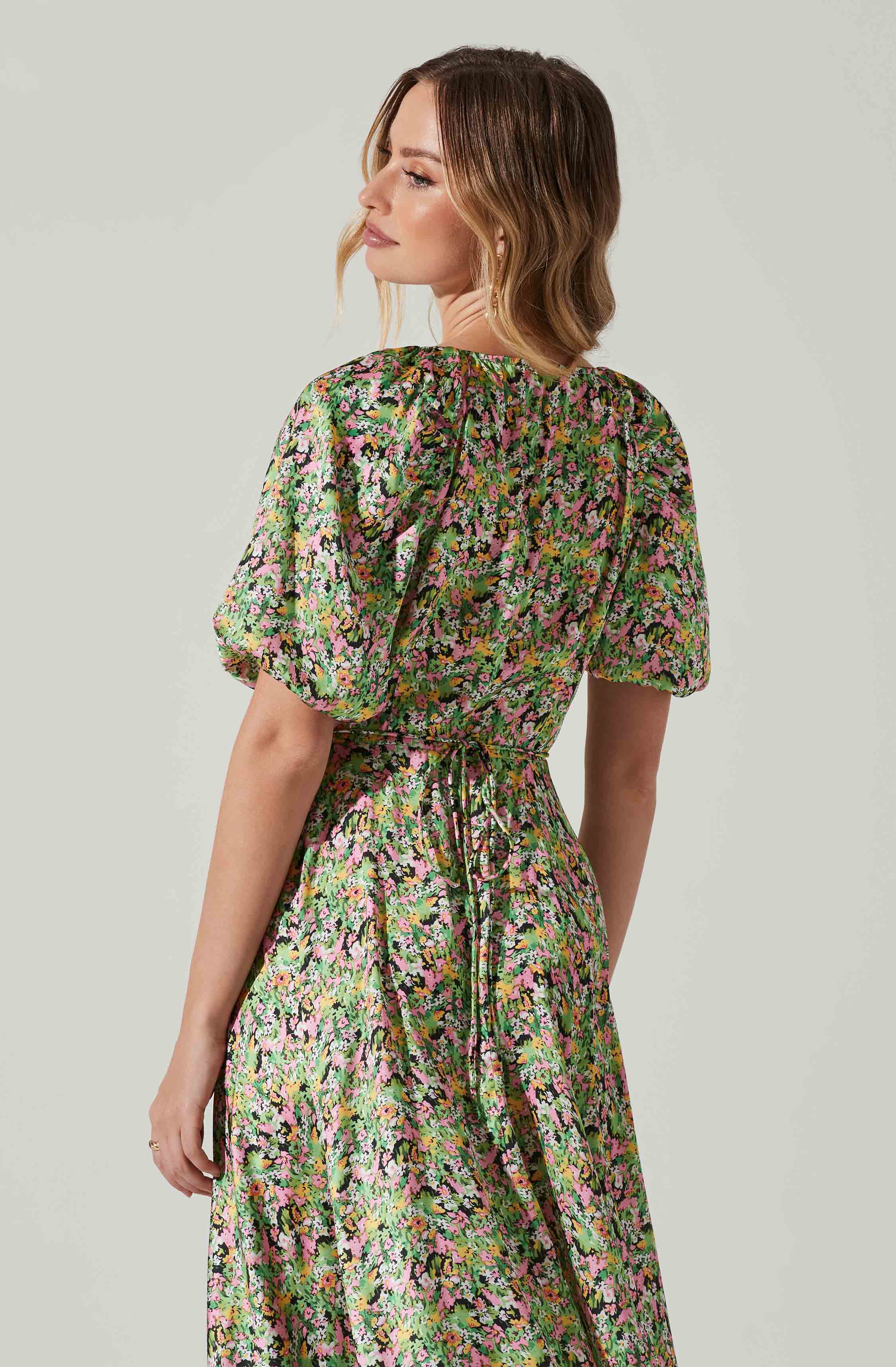 Satin Floral Bubble Sleeve Wrap Midi Dress-Aljck