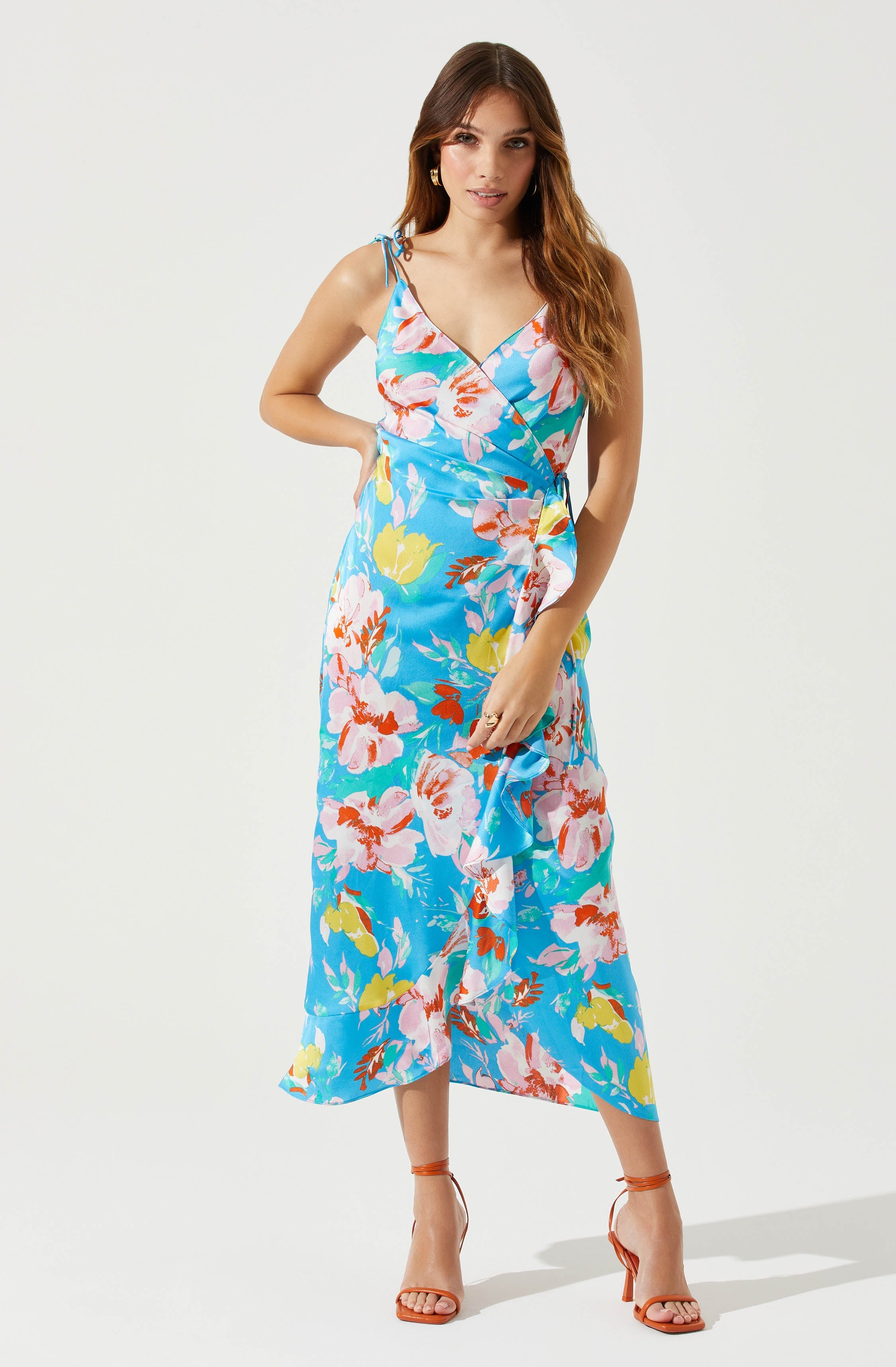 Satin Front Tie Wrap Floral Midi Dress-Aljck