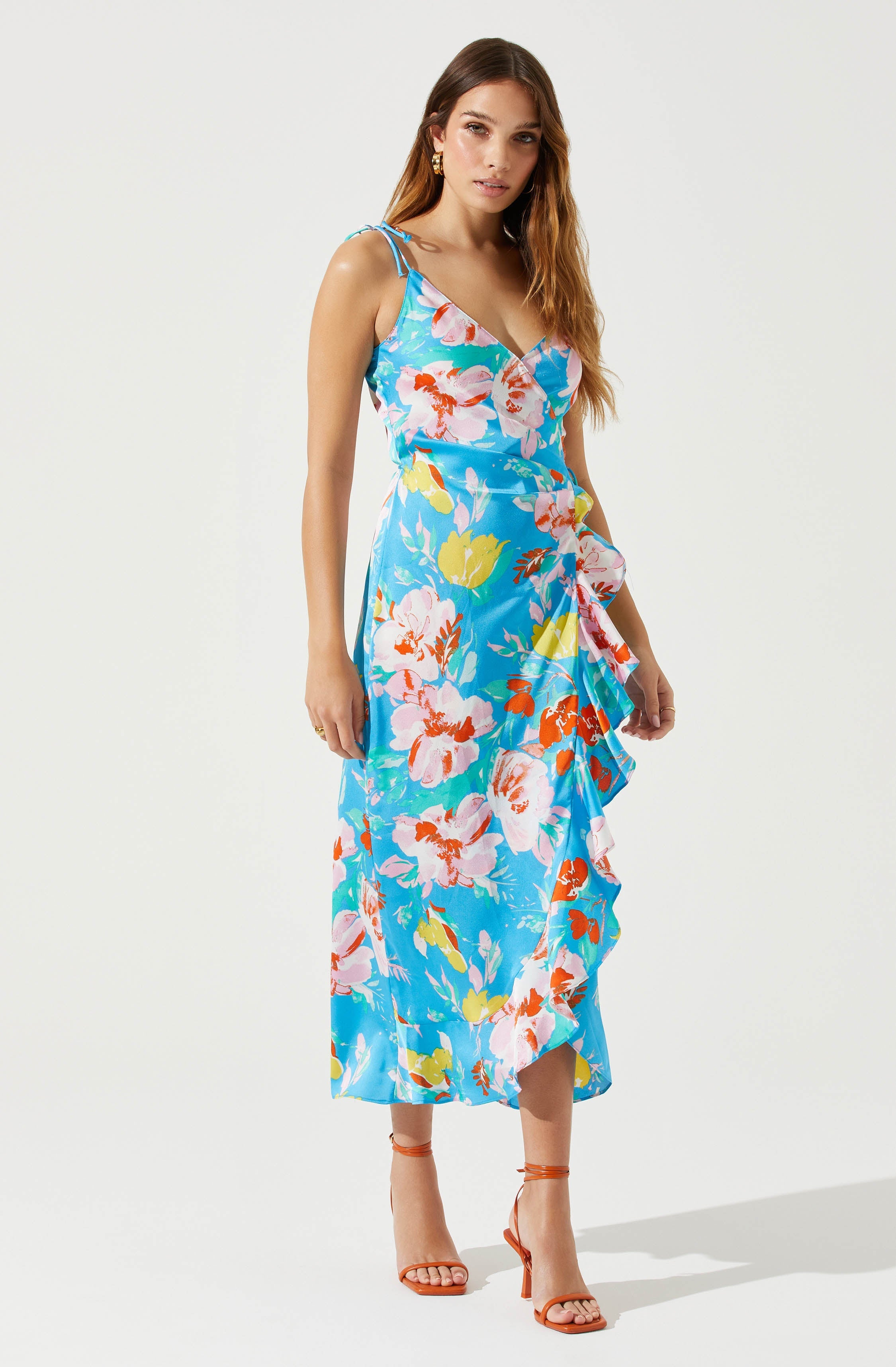 Satin Front Tie Wrap Floral Midi Dress-Aljck