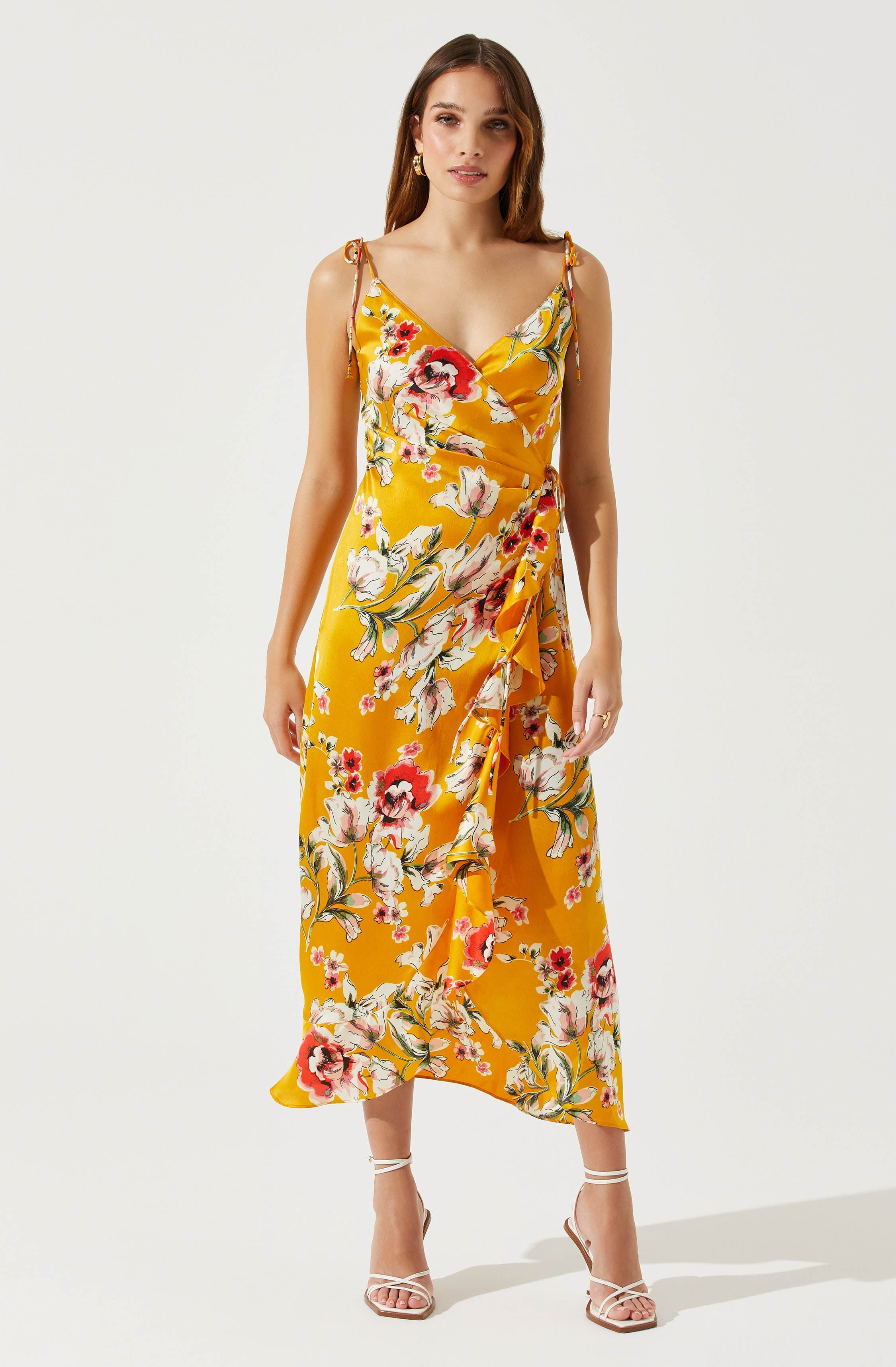 Satin Front Tie Wrap Floral Midi Dress-Aljck