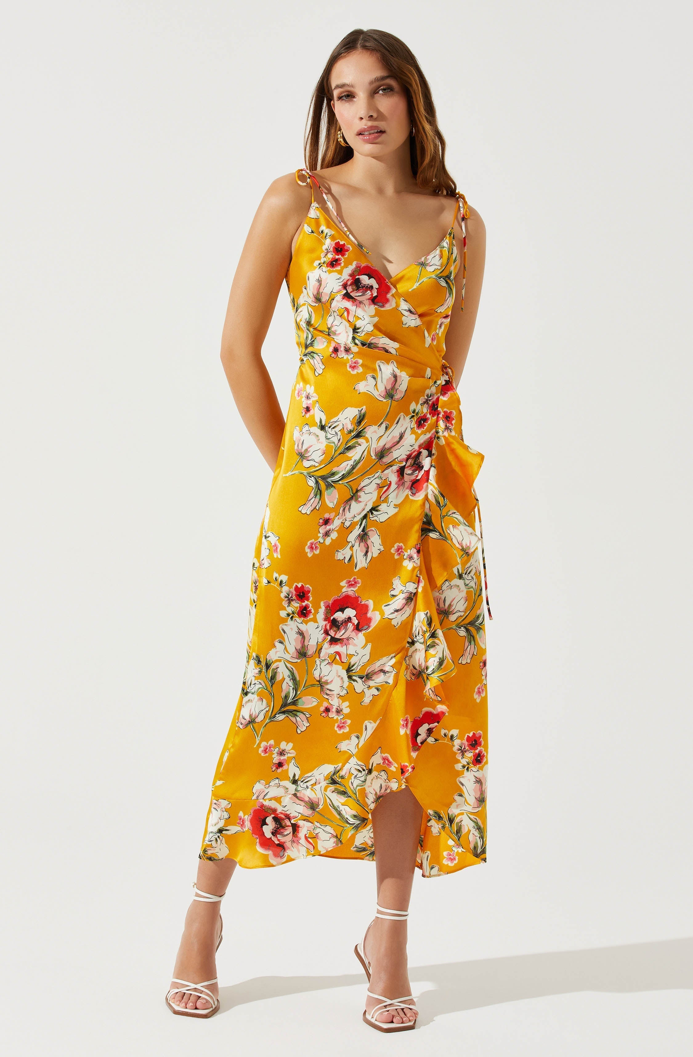 Satin Front Tie Wrap Floral Midi Dress-Aljck