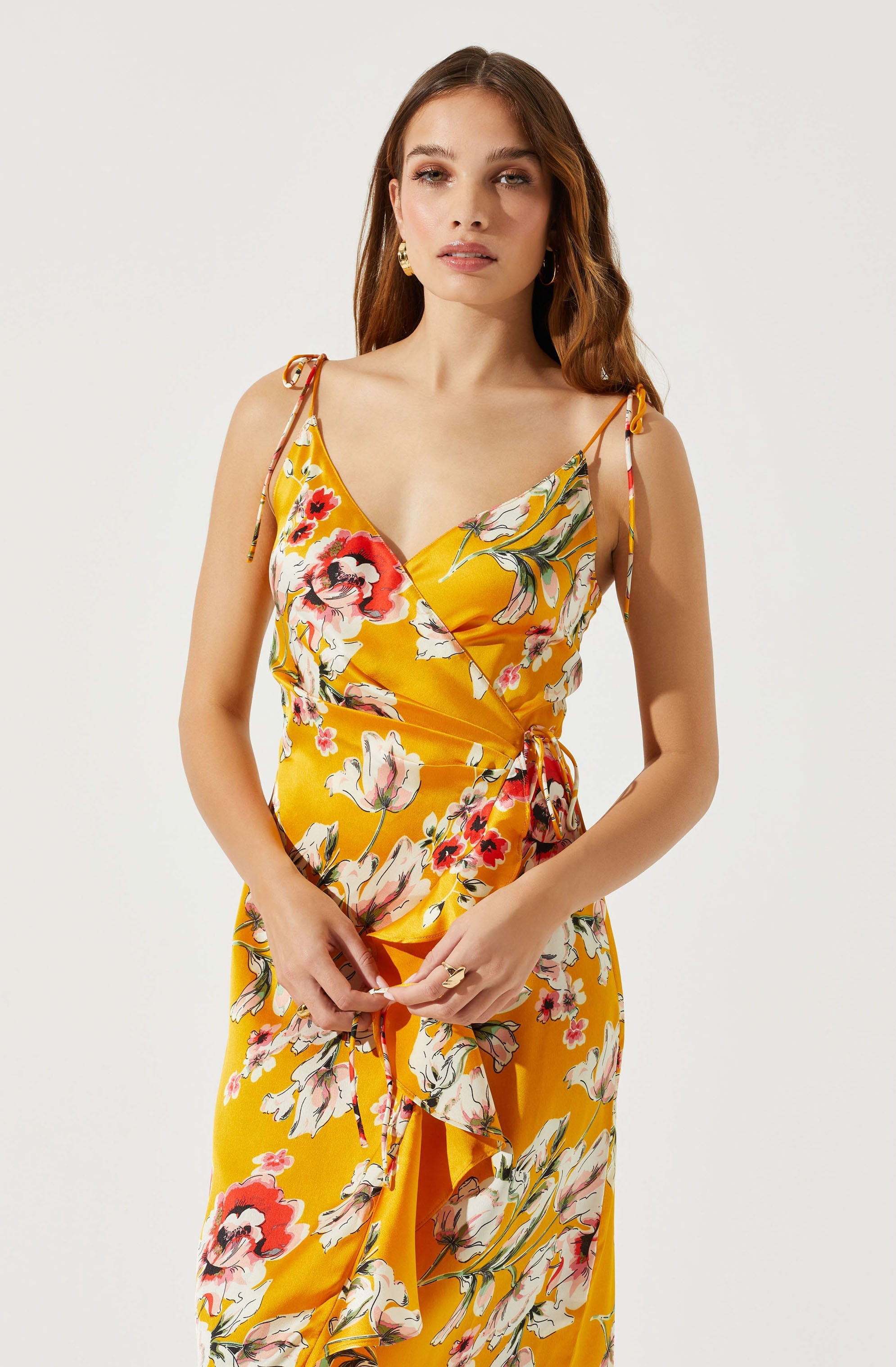 Satin Front Tie Wrap Floral Midi Dress-Aljck