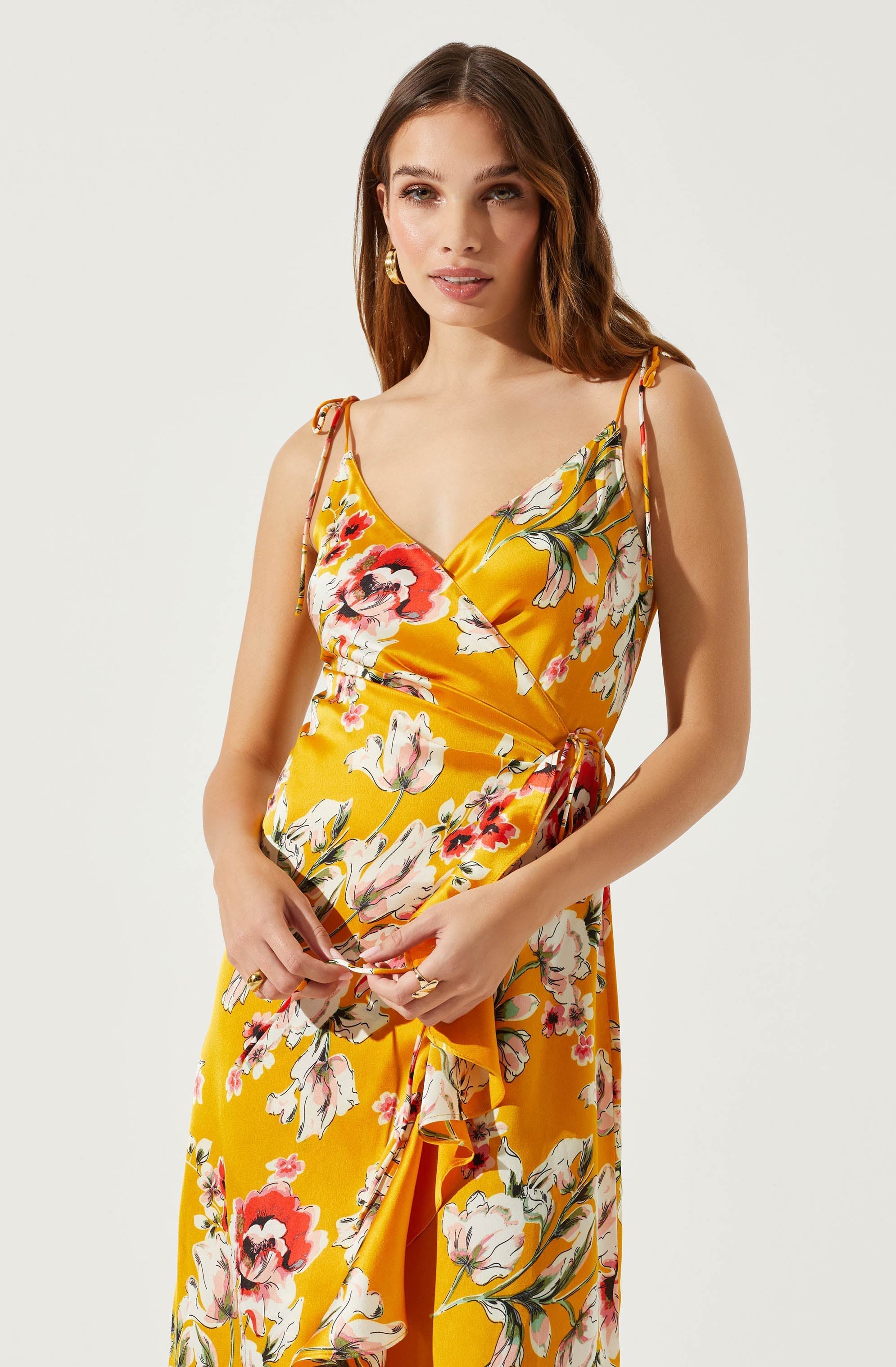 Satin Front Tie Wrap Floral Midi Dress-Aljck