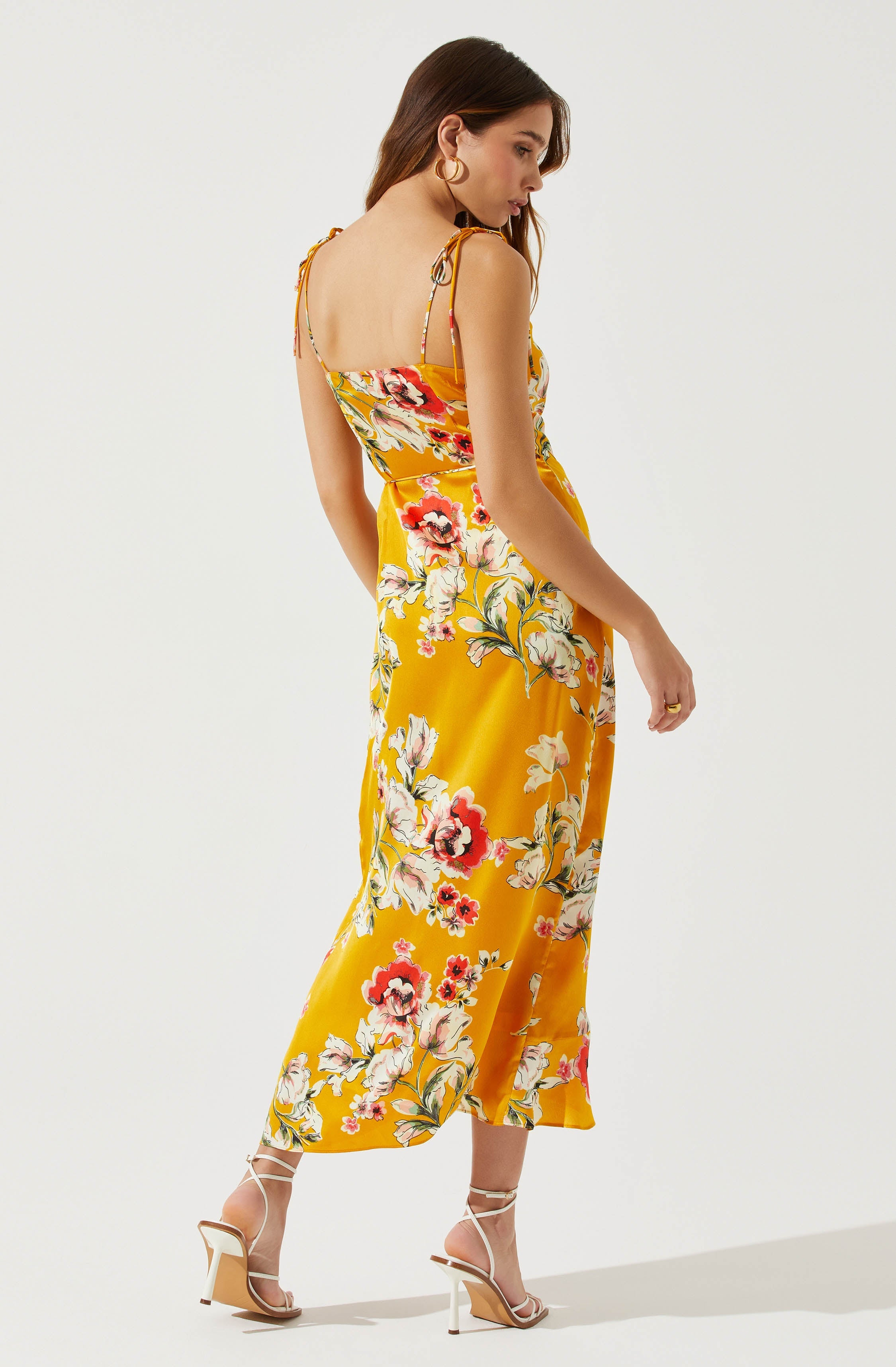 Satin Front Tie Wrap Floral Midi Dress-Aljck