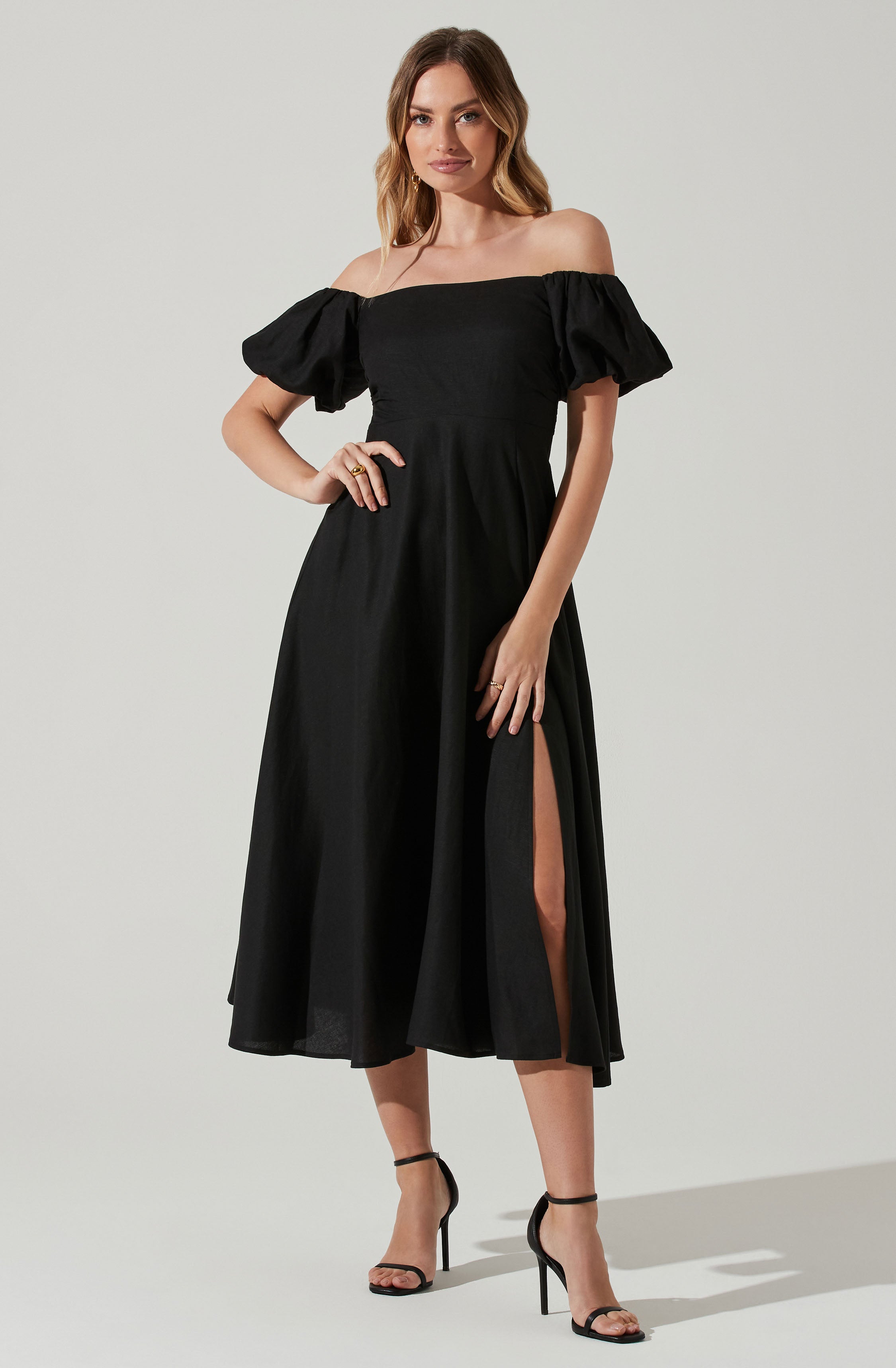 Off Shoulder Puff Sleeve Midi Dress-Aljck