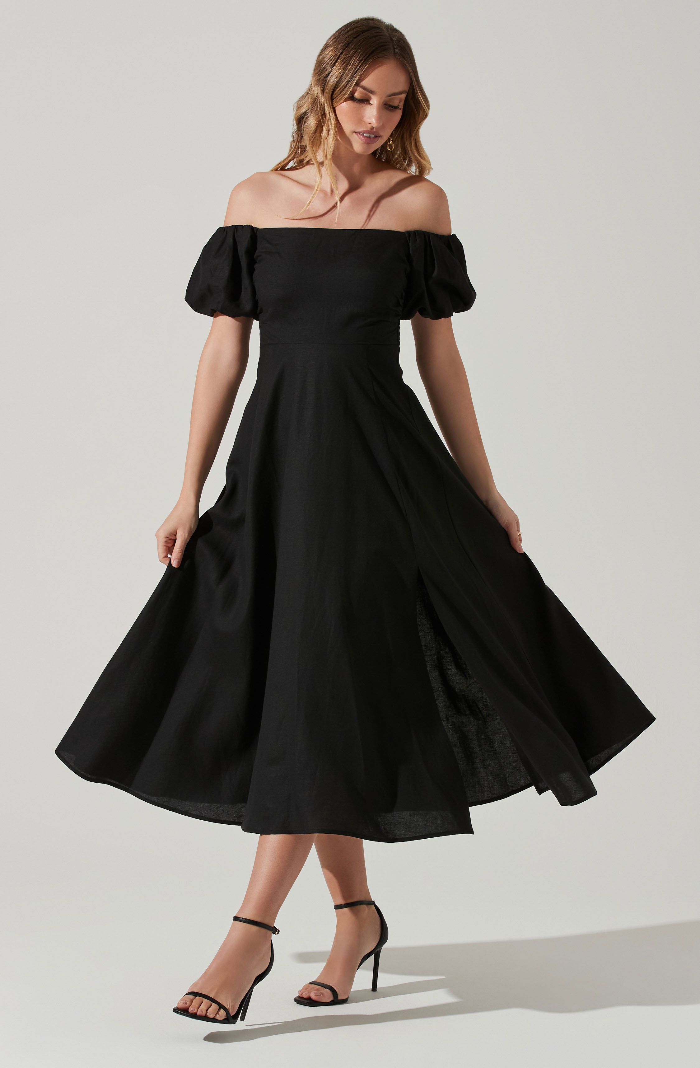 Off Shoulder Puff Sleeve Midi Dress-Aljck