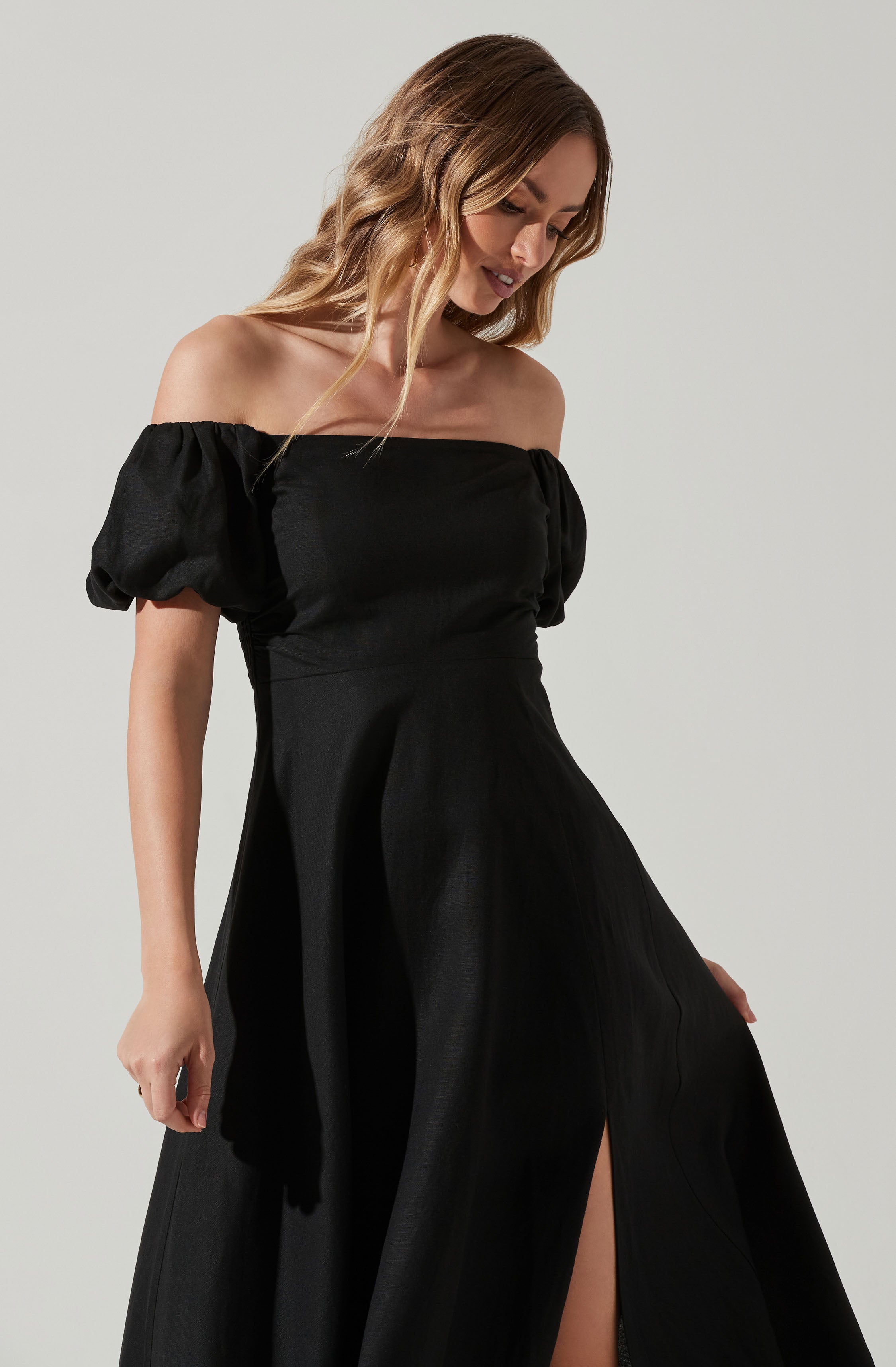 Off Shoulder Puff Sleeve Midi Dress-Aljck