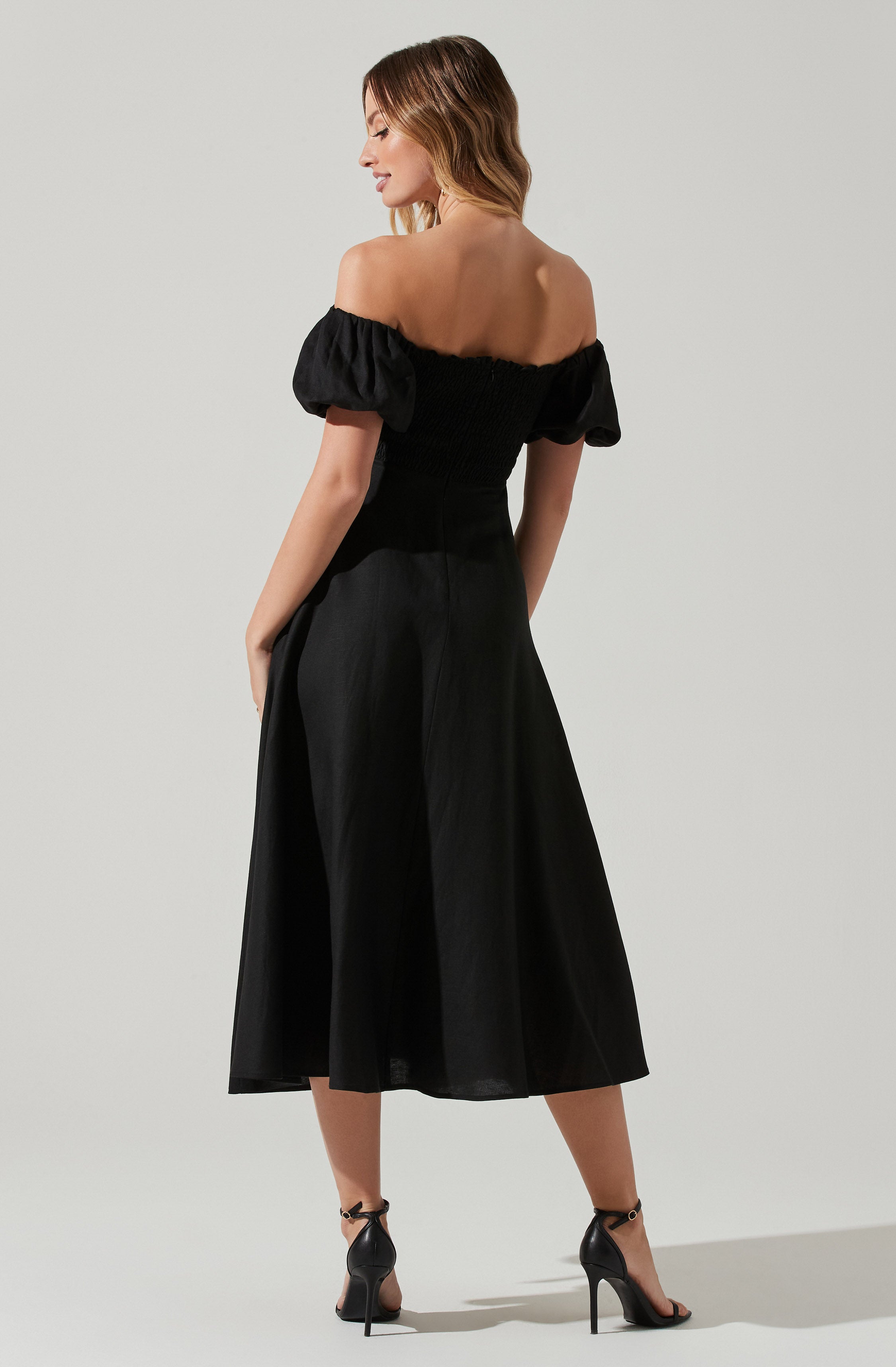 Off Shoulder Puff Sleeve Midi Dress-Aljck