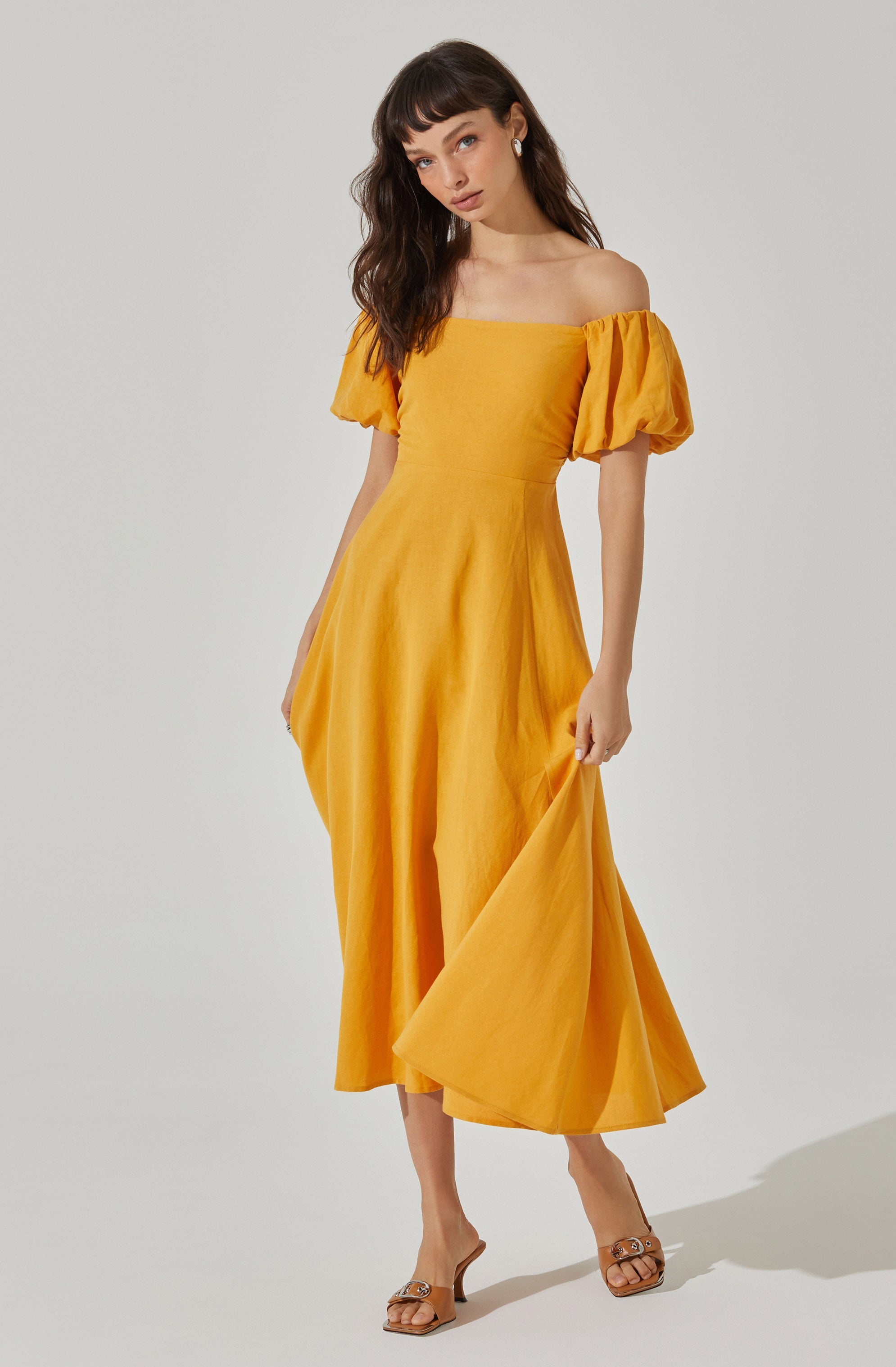 Off Shoulder Puff Sleeve Midi Dress-Aljck