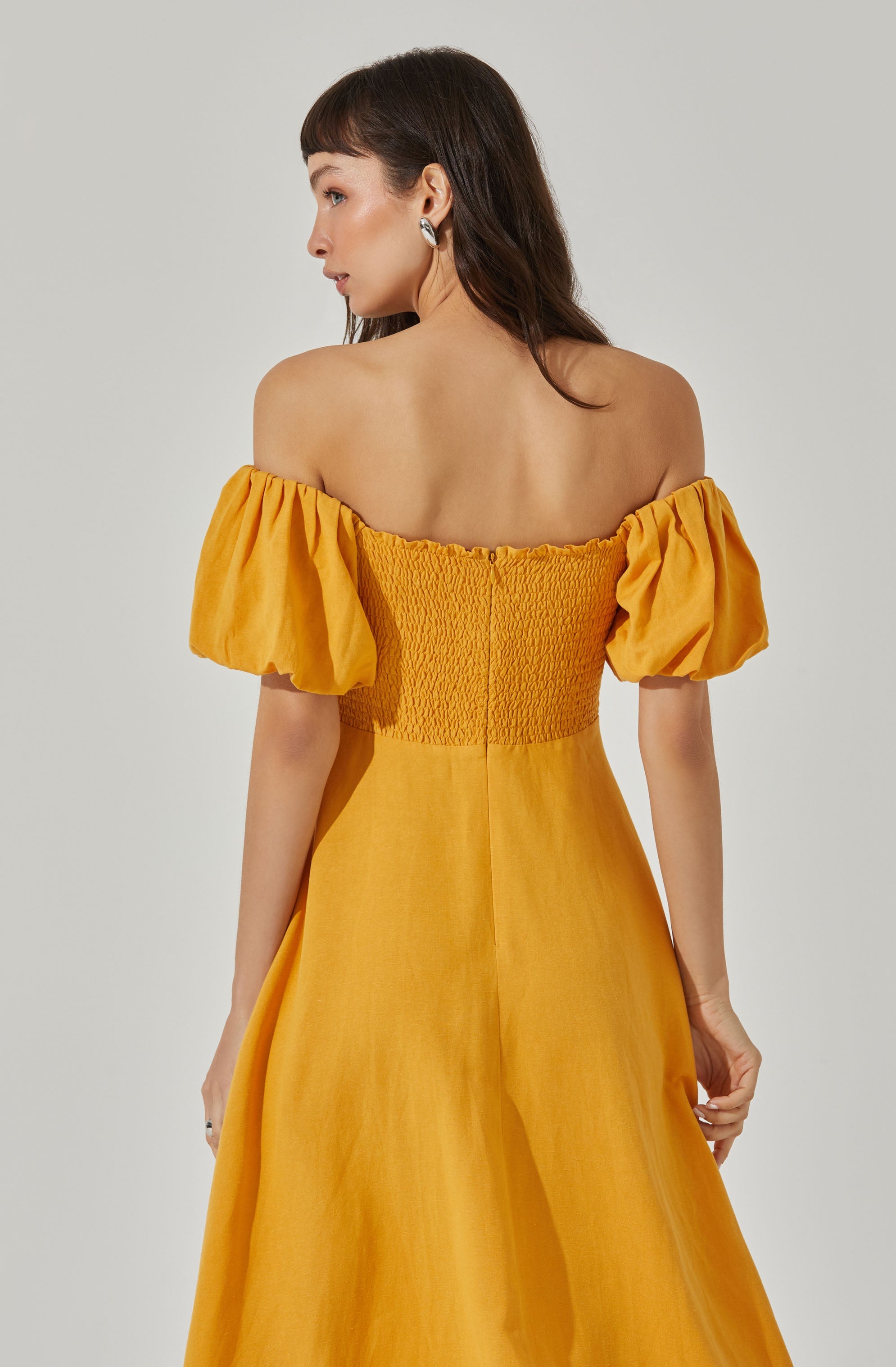 Off Shoulder Puff Sleeve Midi Dress-Aljck