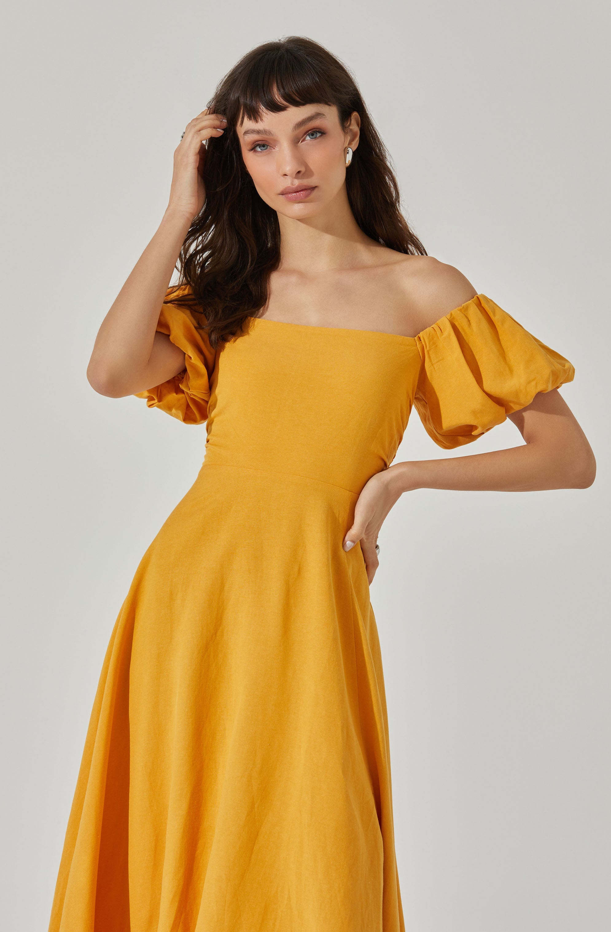 Off Shoulder Puff Sleeve Midi Dress-Aljck