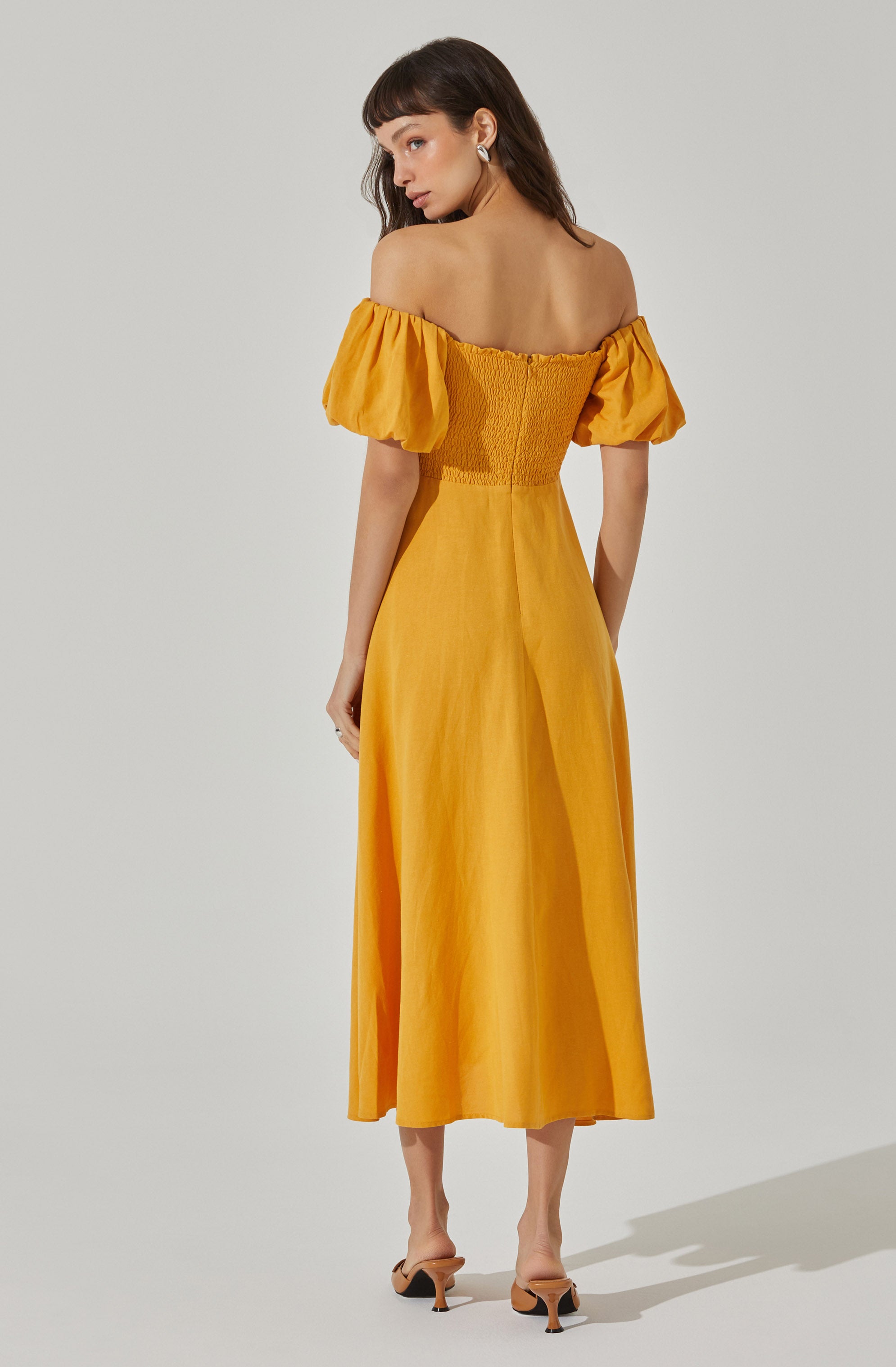 Off Shoulder Puff Sleeve Midi Dress-Aljck