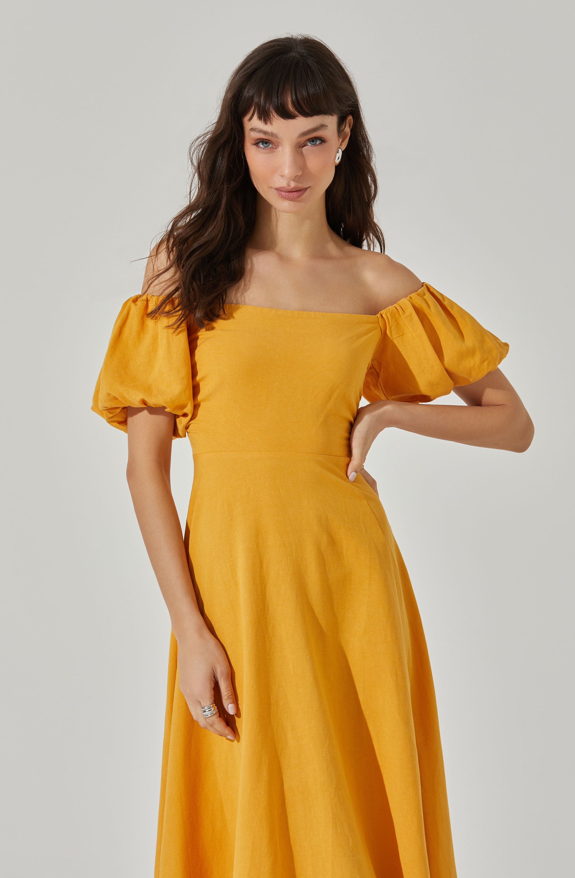 Off Shoulder Puff Sleeve Midi Dress-Aljck