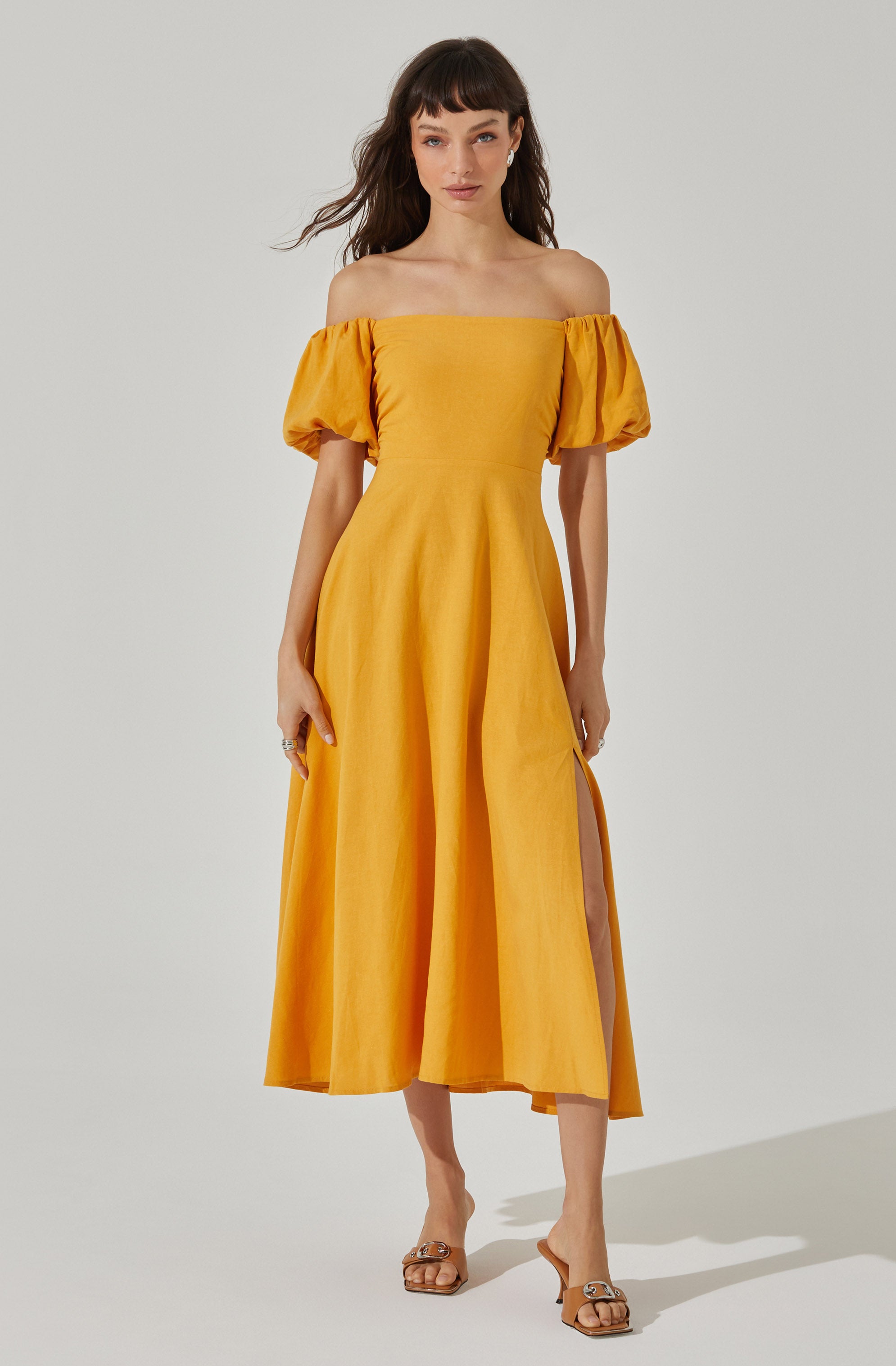 Off Shoulder Puff Sleeve Midi Dress-Aljck