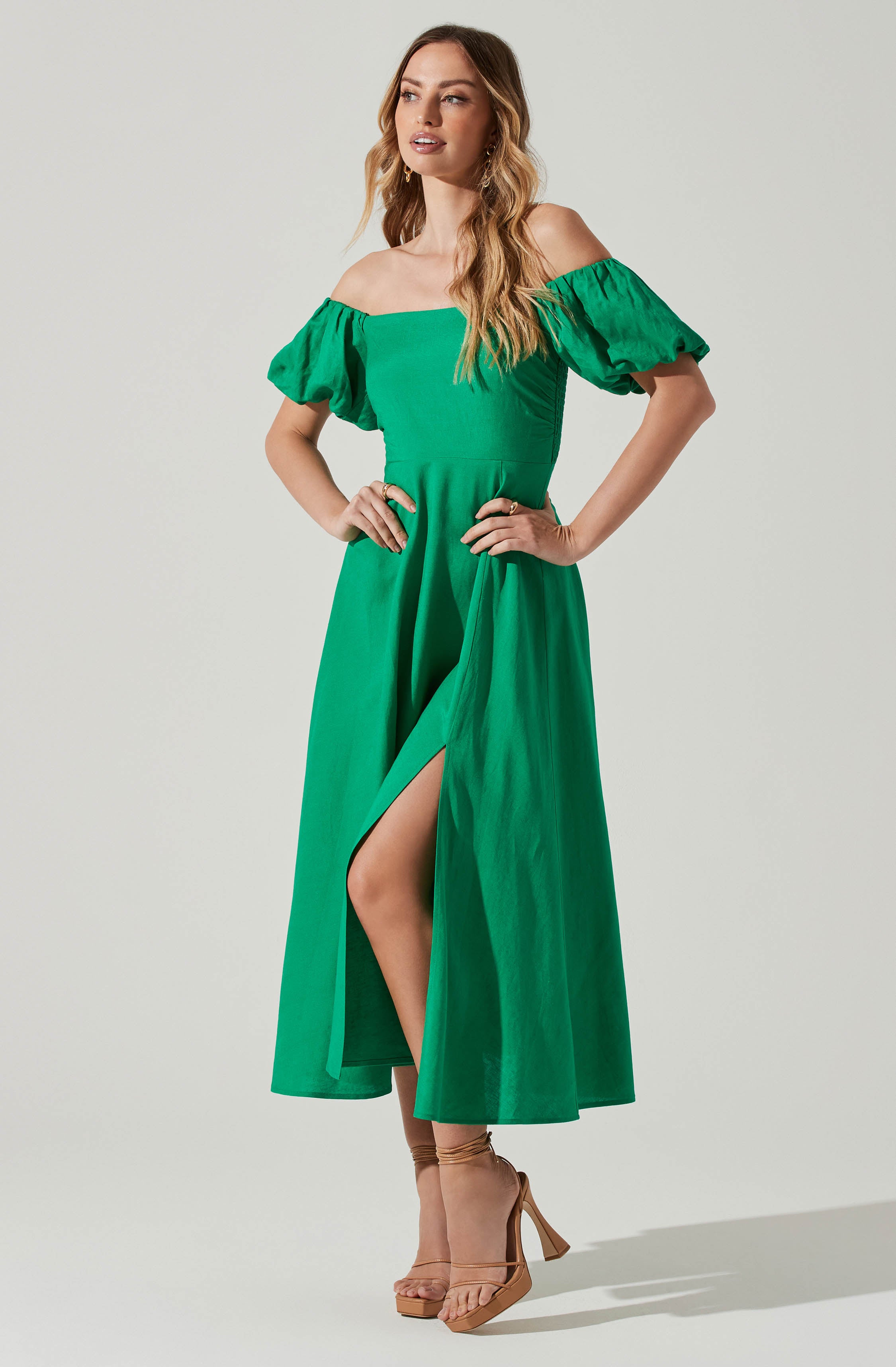 Off Shoulder Puff Sleeve Midi Dress-Aljck
