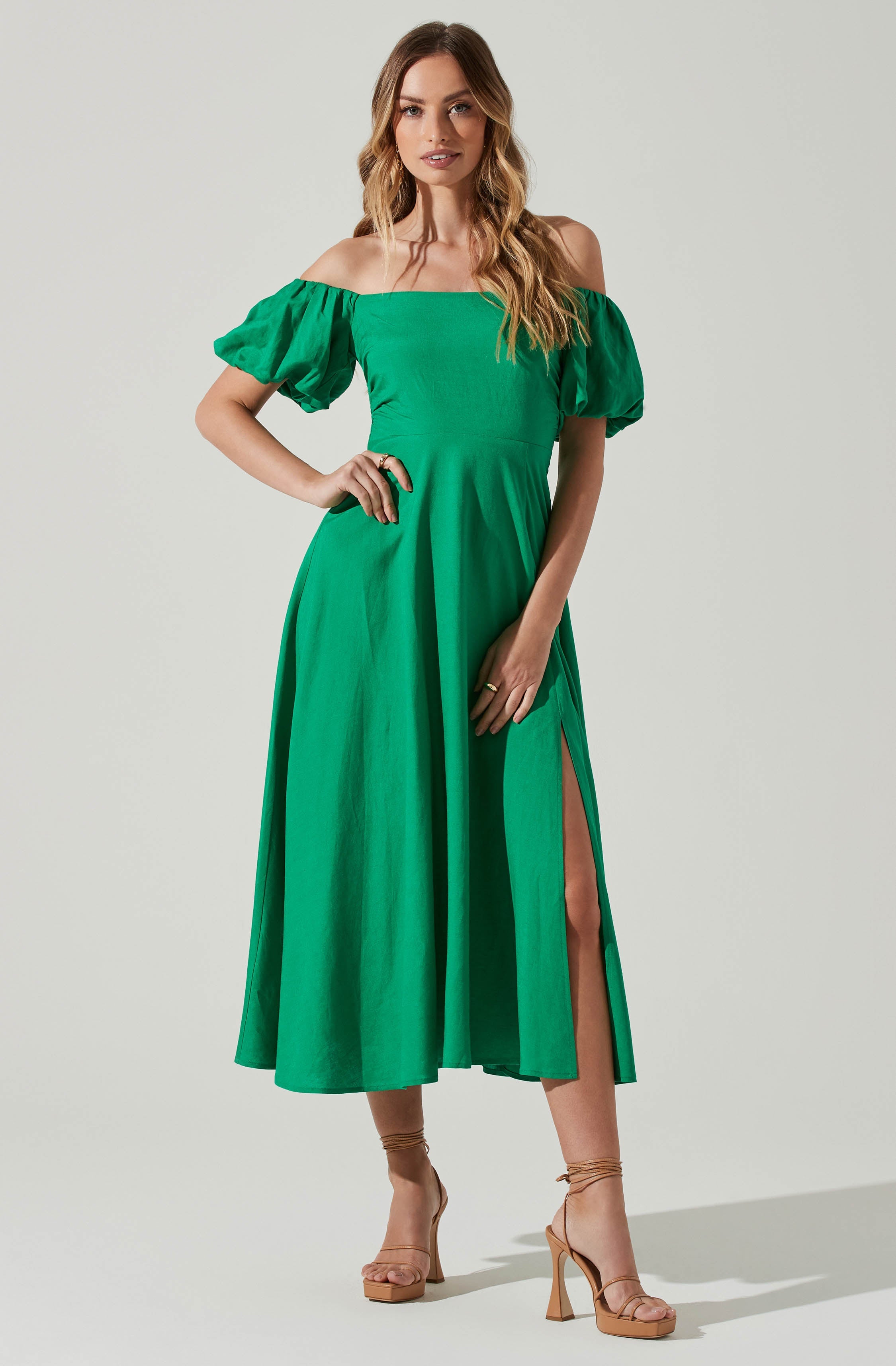 Off Shoulder Puff Sleeve Midi Dress-Aljck