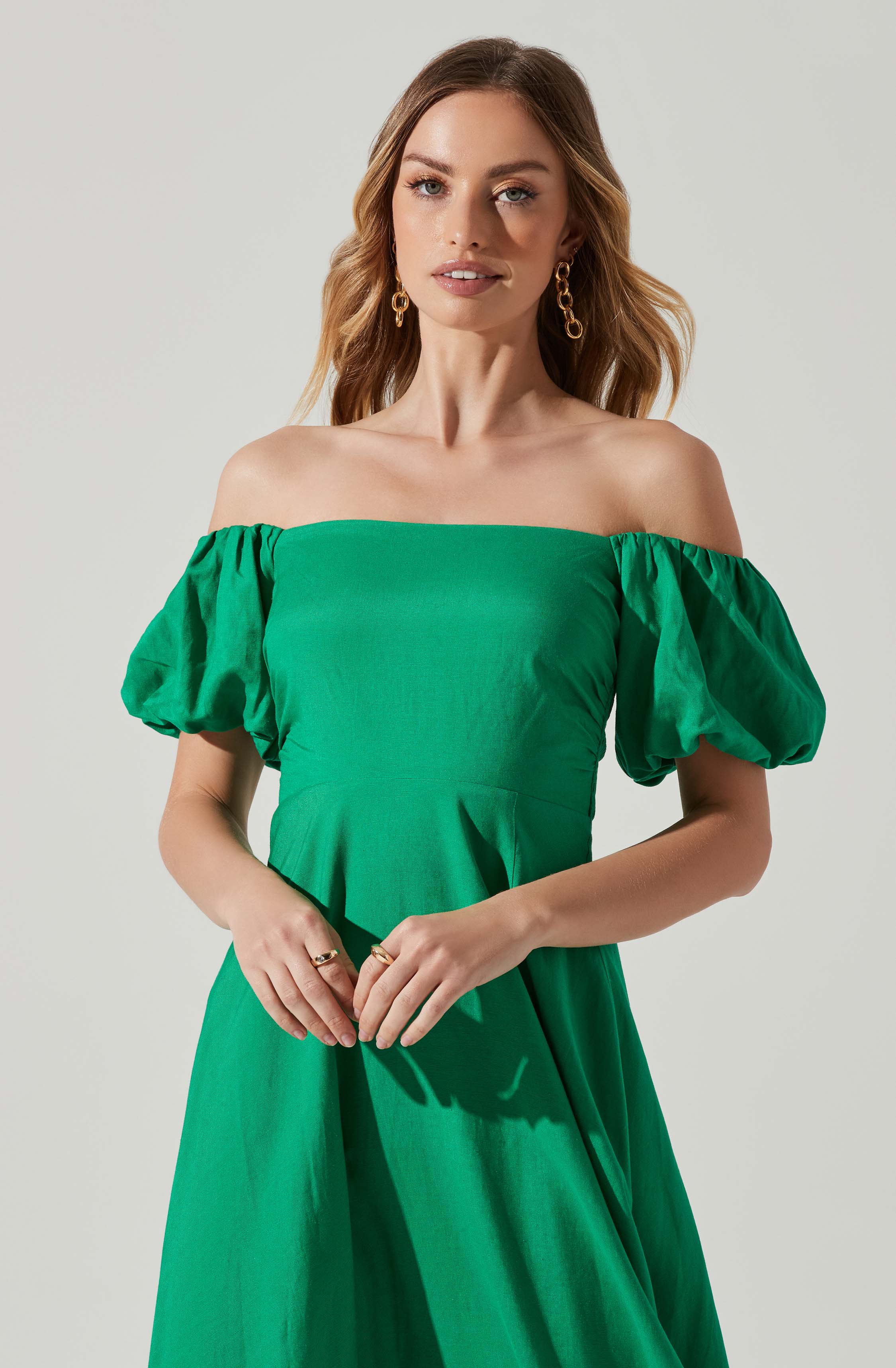 Off Shoulder Puff Sleeve Midi Dress-Aljck