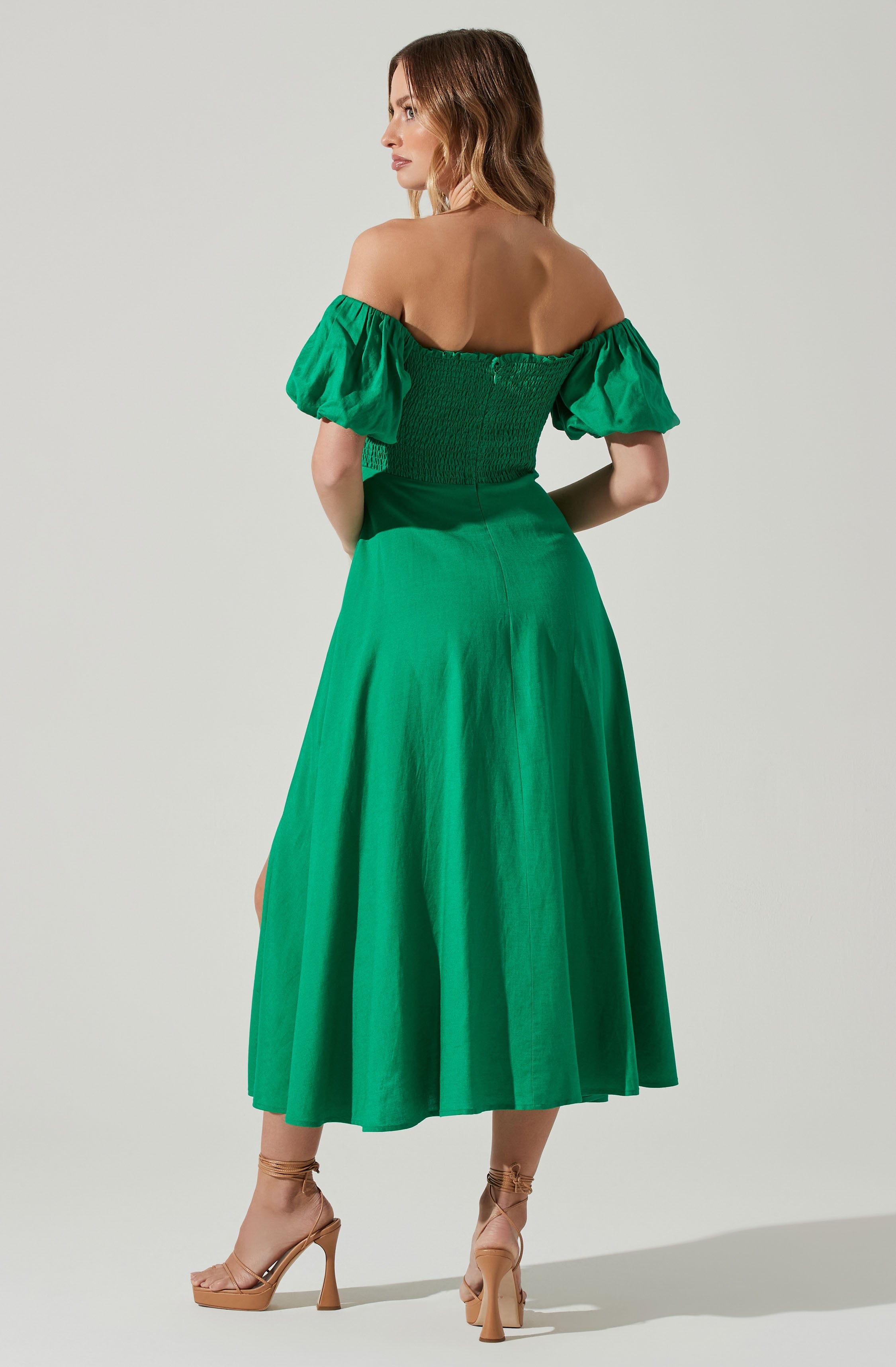 Off Shoulder Puff Sleeve Midi Dress-Aljck