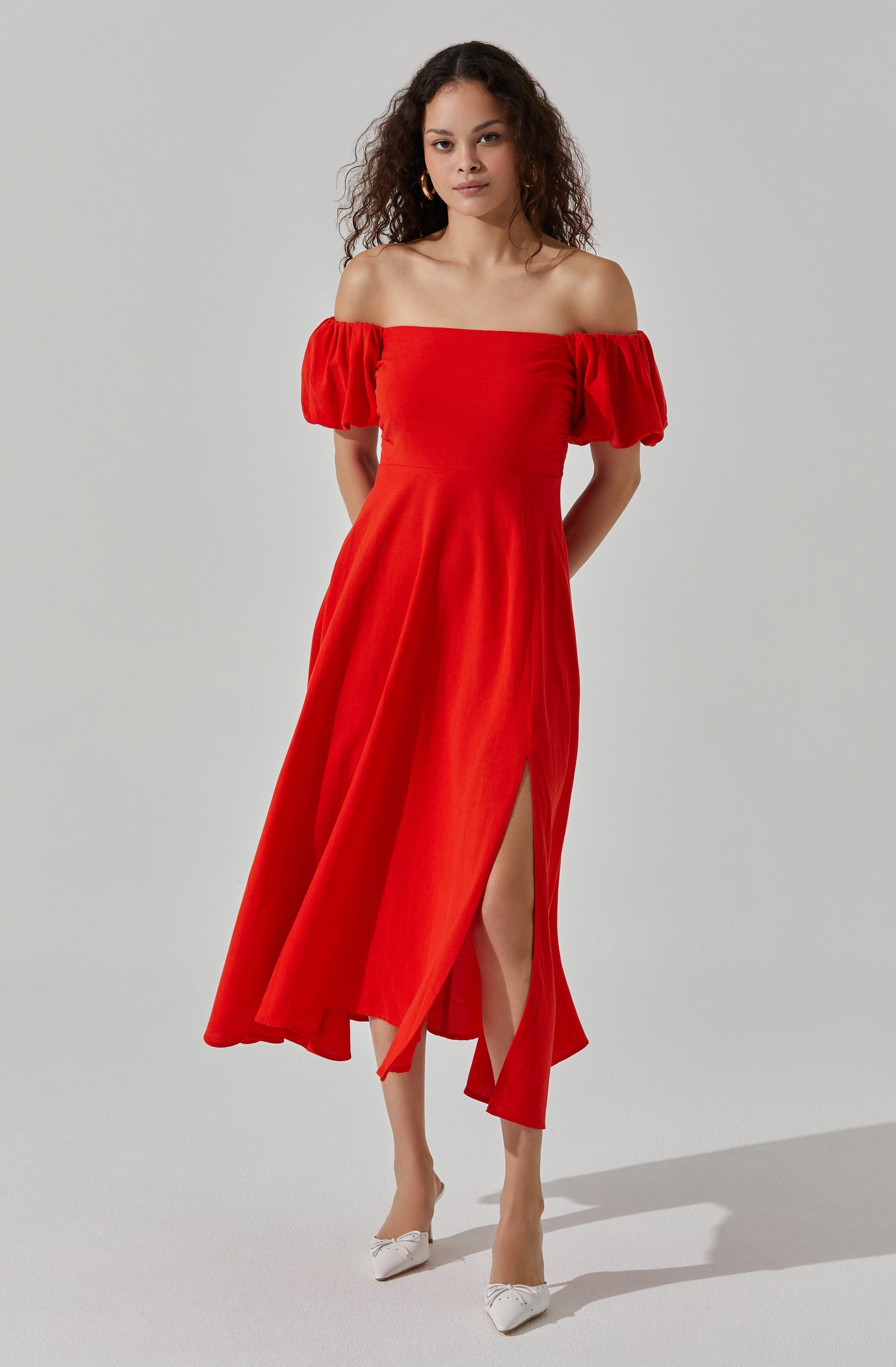 Off Shoulder Puff Sleeve Midi Dress-Aljck