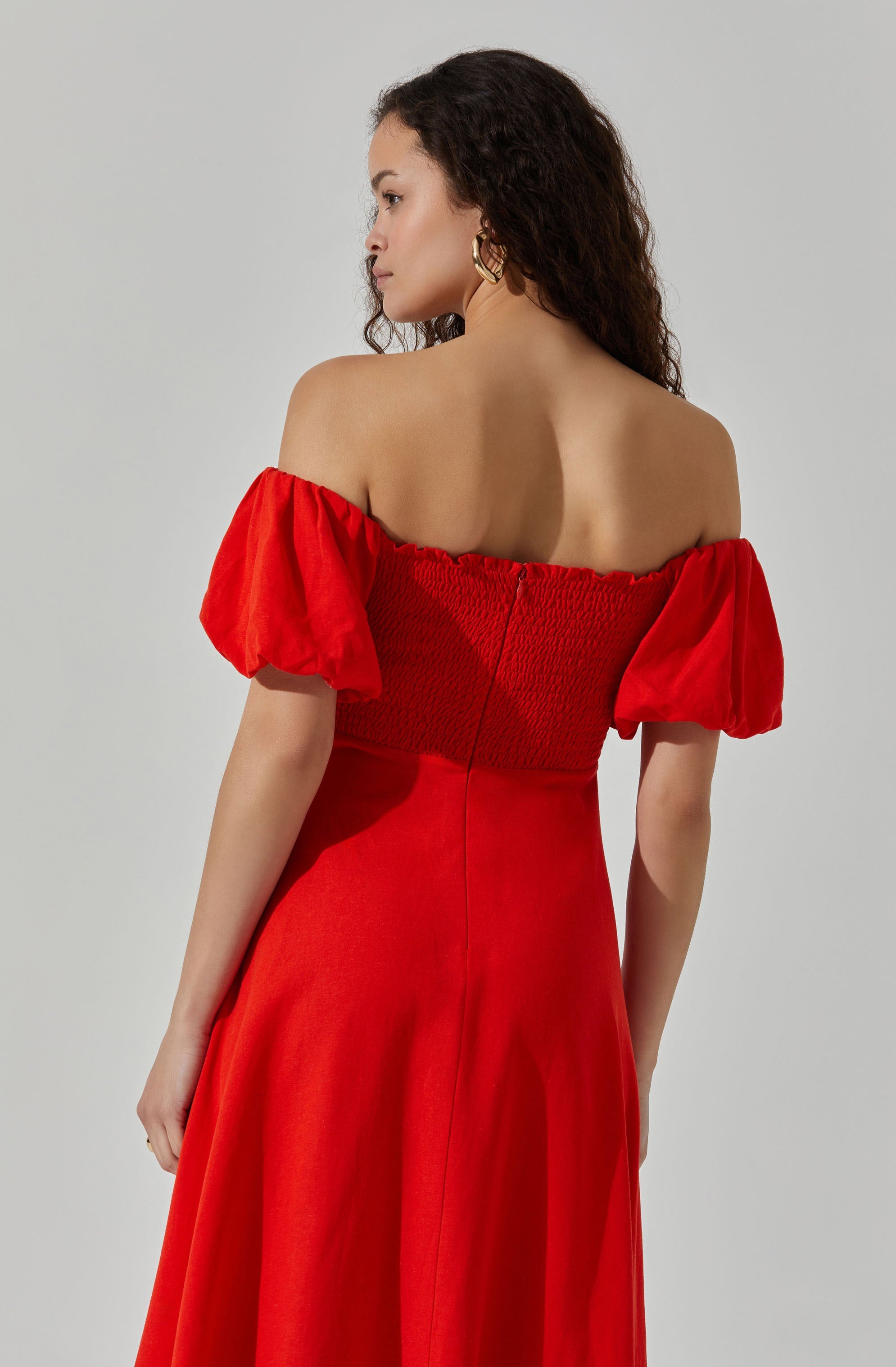 Off Shoulder Puff Sleeve Midi Dress-Aljck