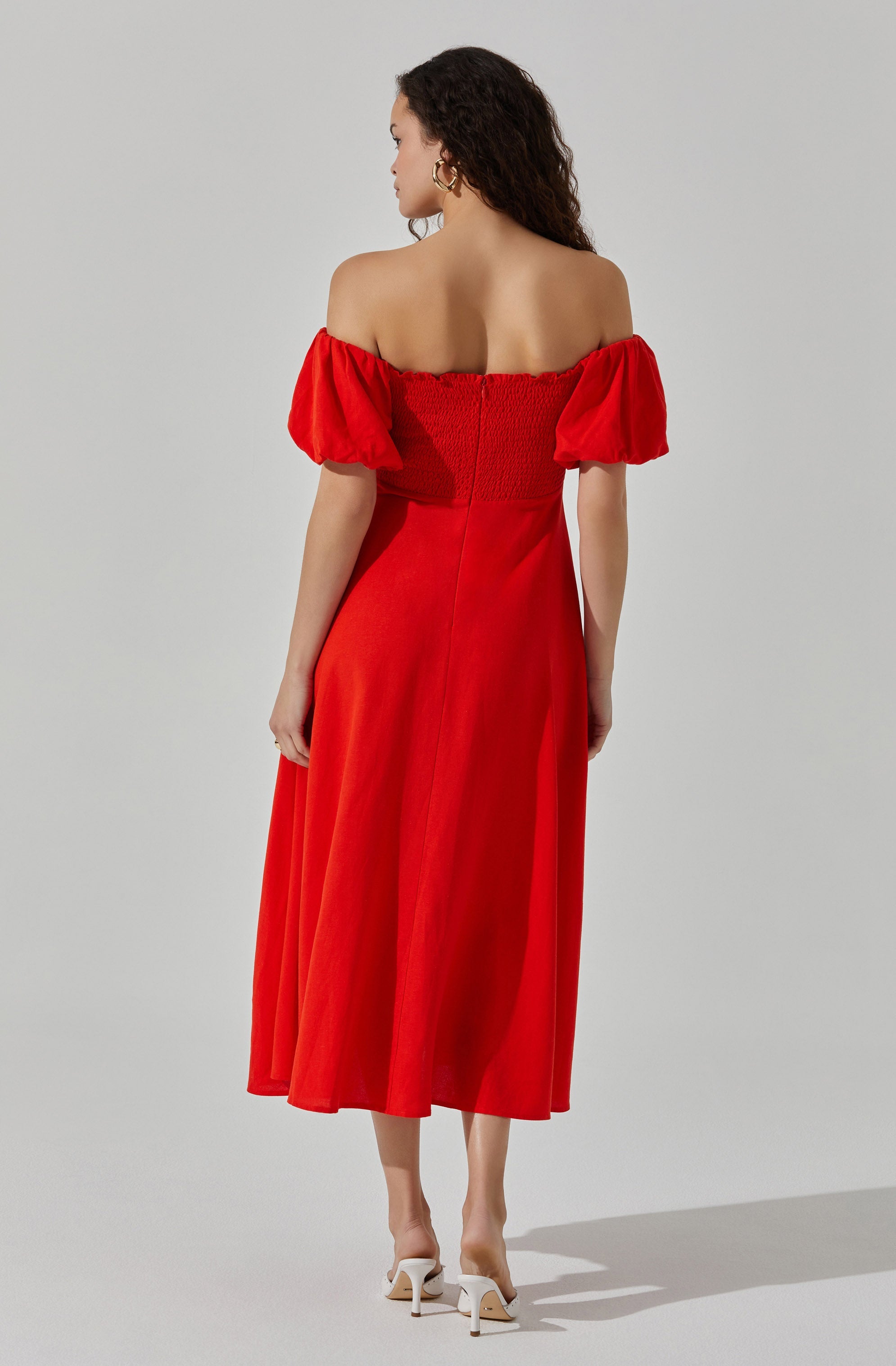 Off Shoulder Puff Sleeve Midi Dress-Aljck