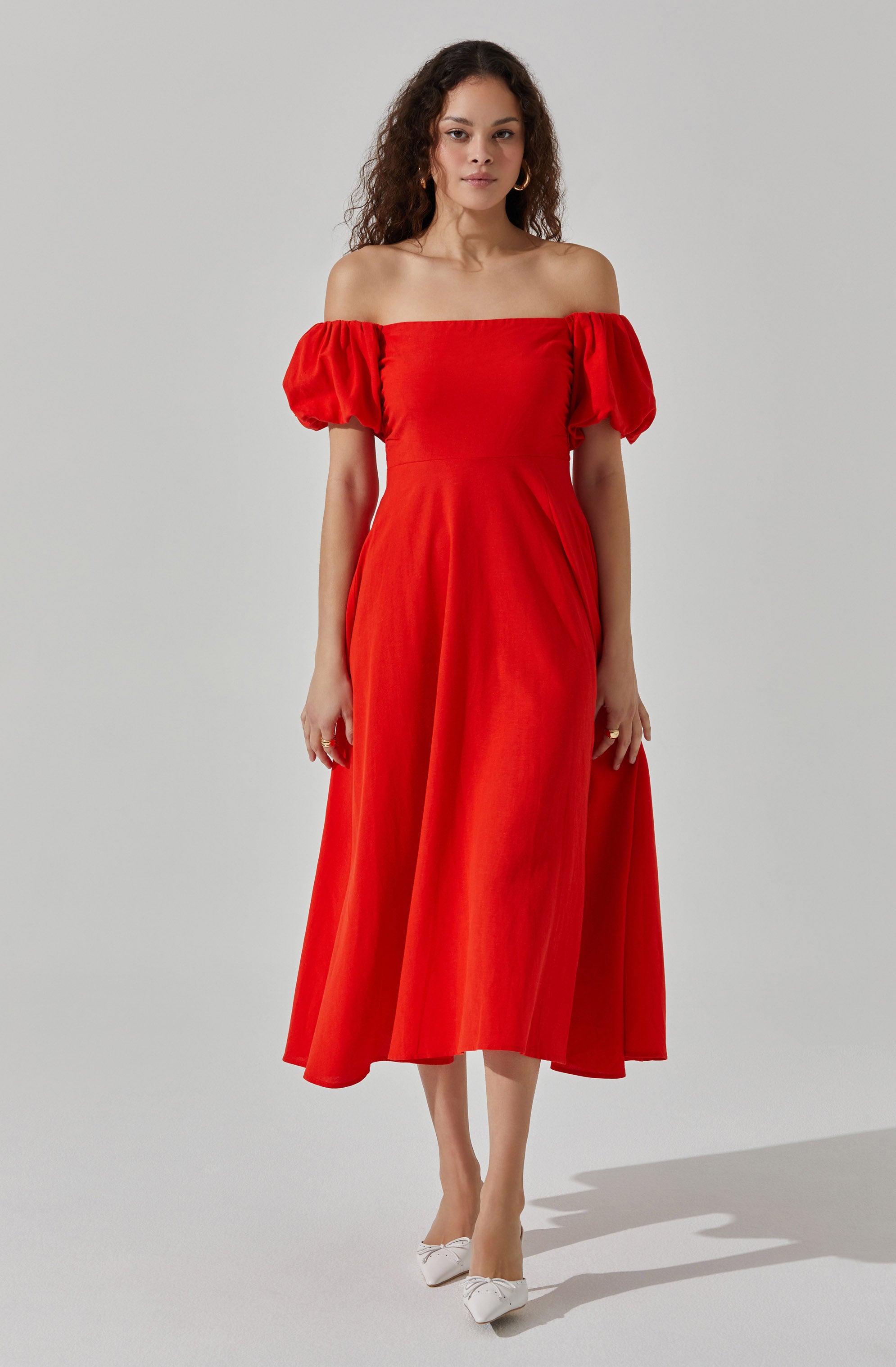 Off Shoulder Puff Sleeve Midi Dress-Aljck