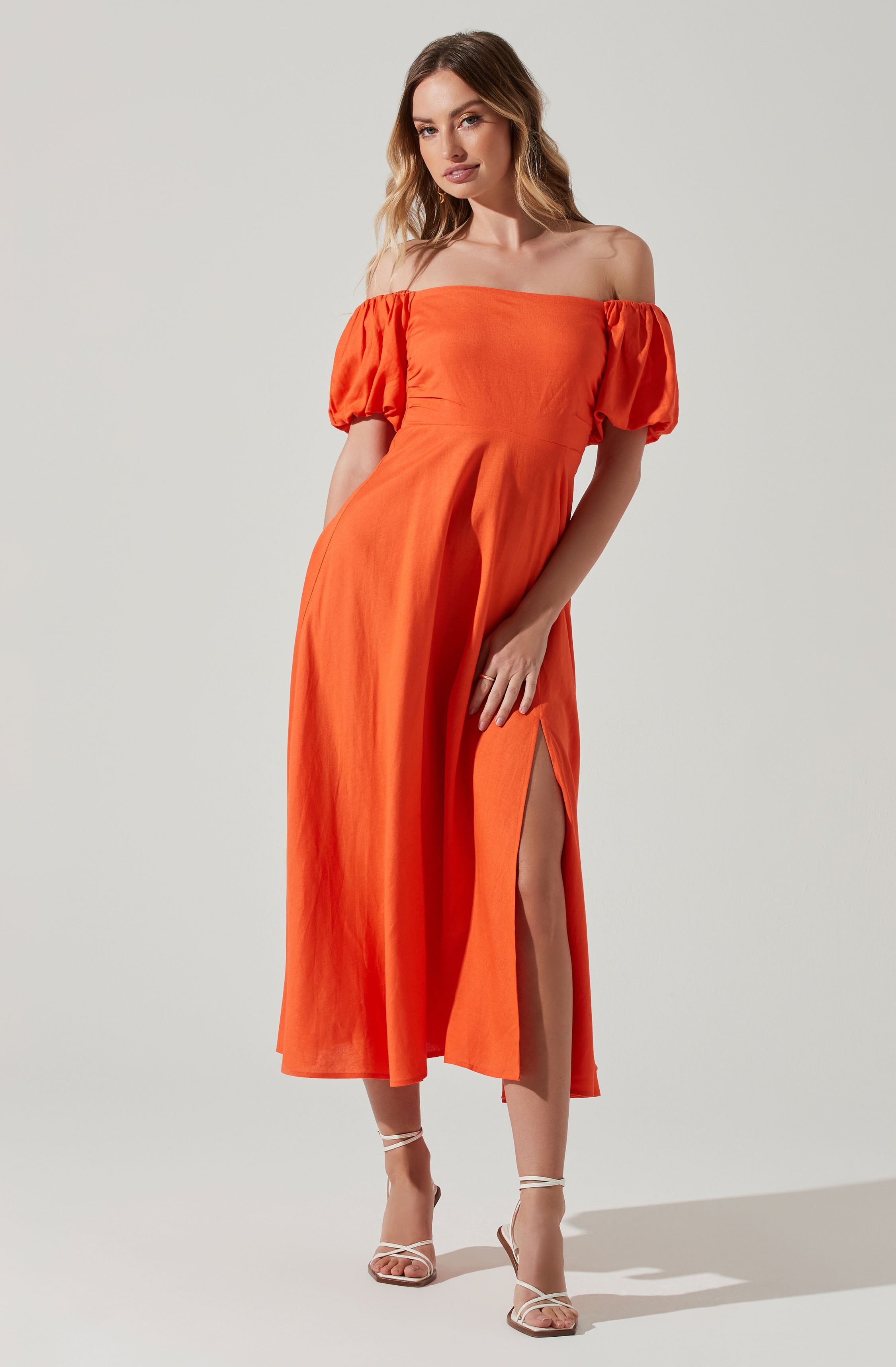 Off Shoulder Puff Sleeve Midi Dress-Aljck