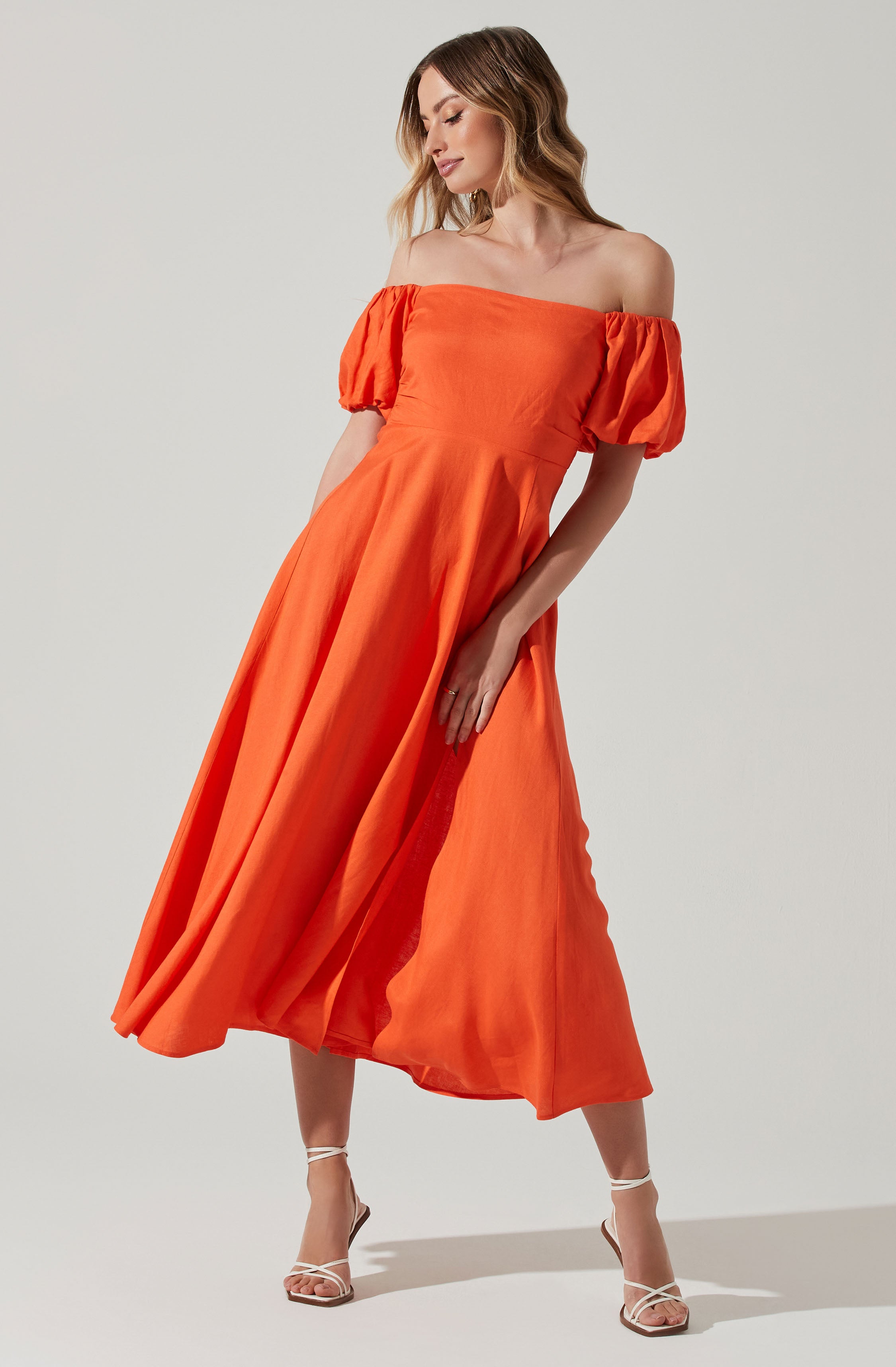 Off Shoulder Puff Sleeve Midi Dress-Aljck