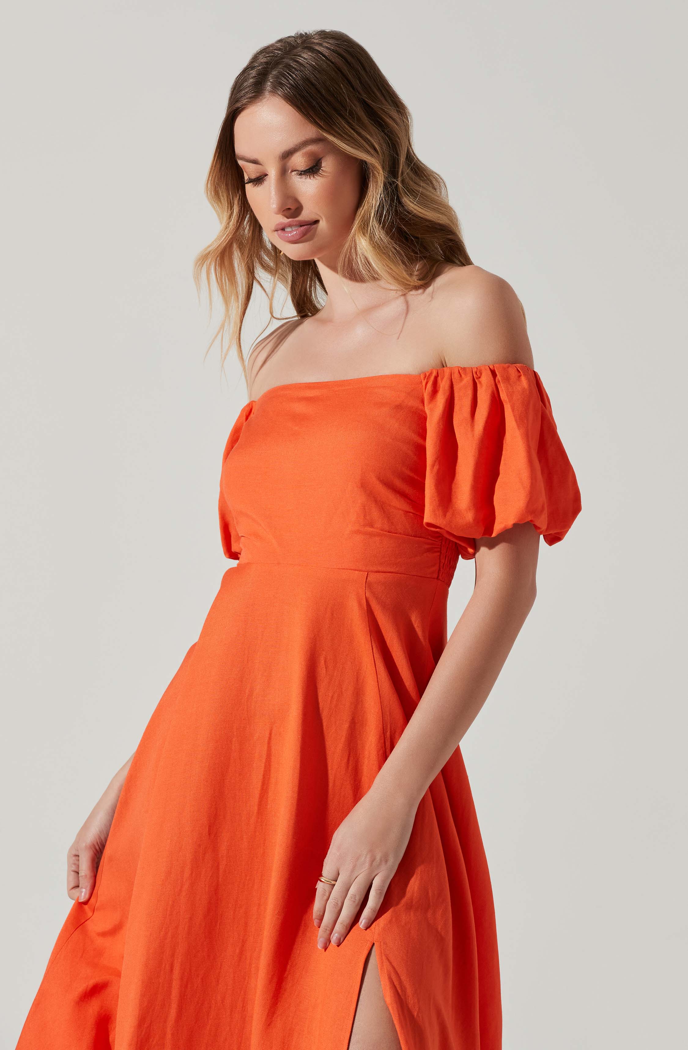 Off Shoulder Puff Sleeve Midi Dress-Aljck