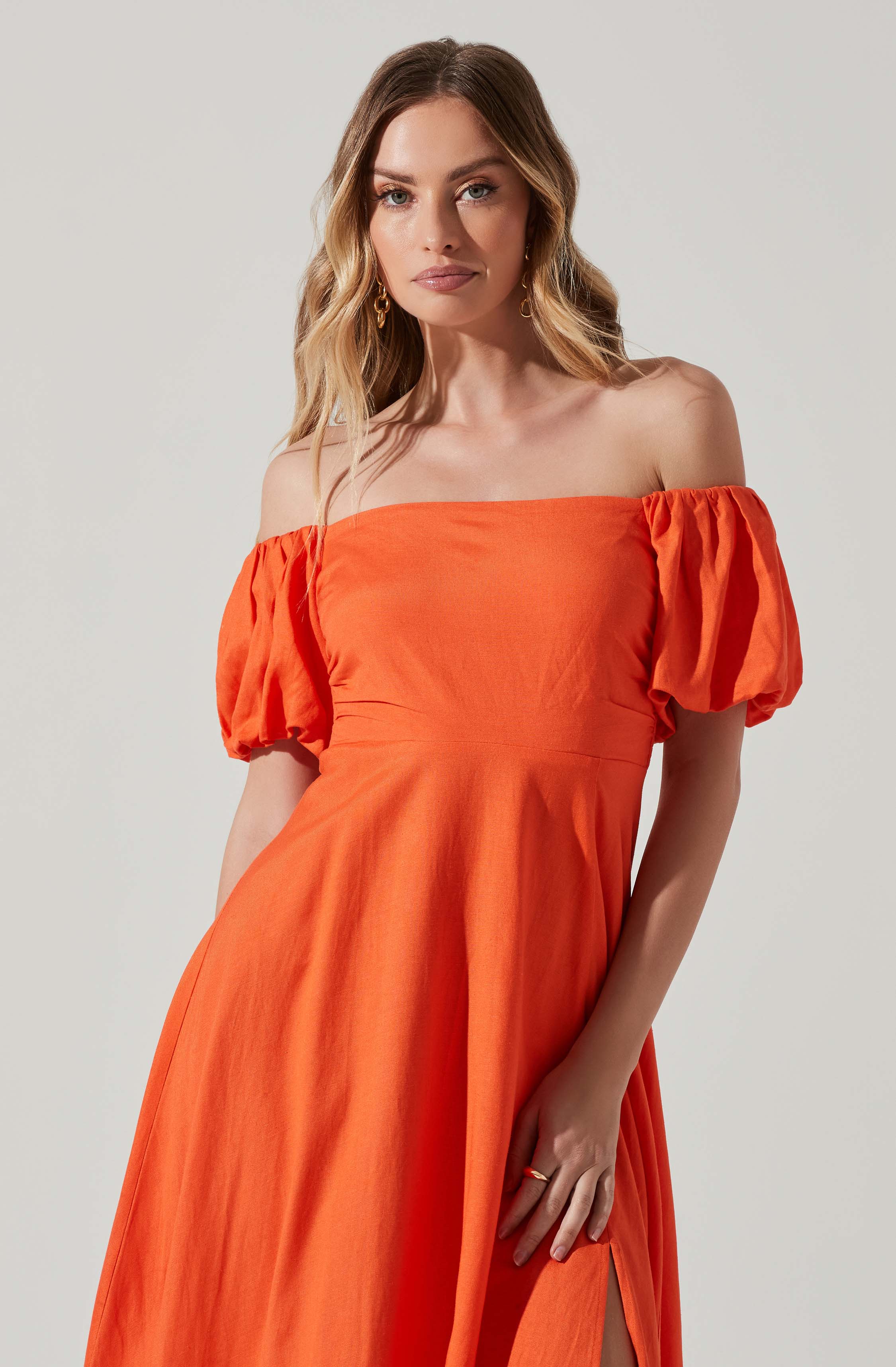 Off Shoulder Puff Sleeve Midi Dress-Aljck