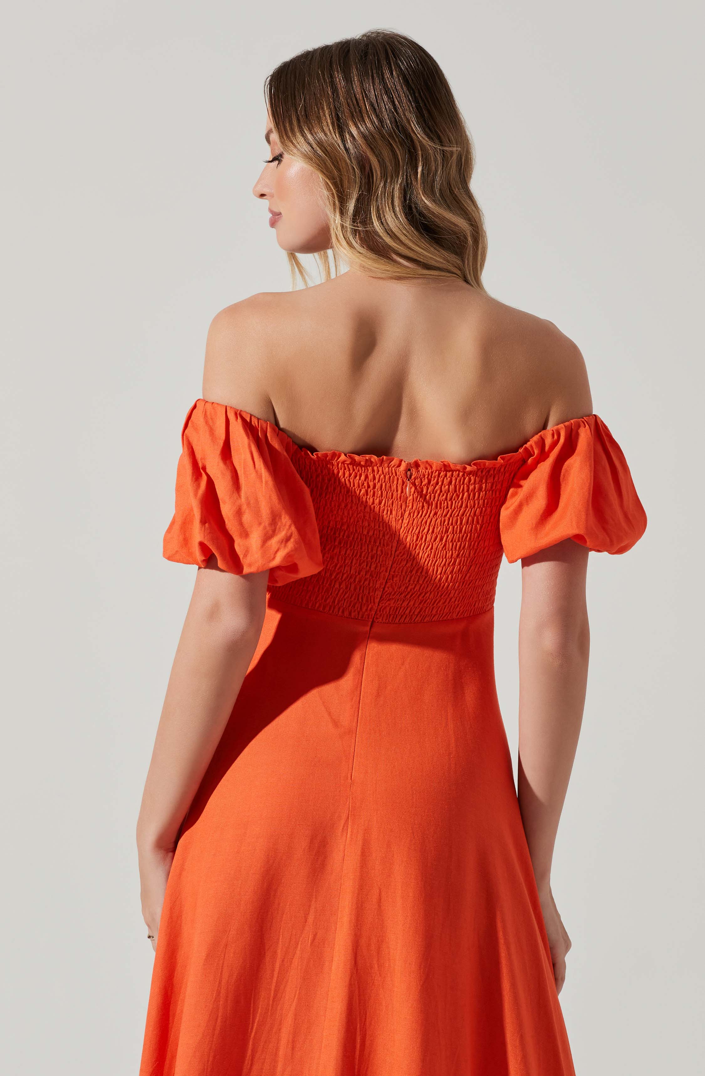 Off Shoulder Puff Sleeve Midi Dress-Aljck