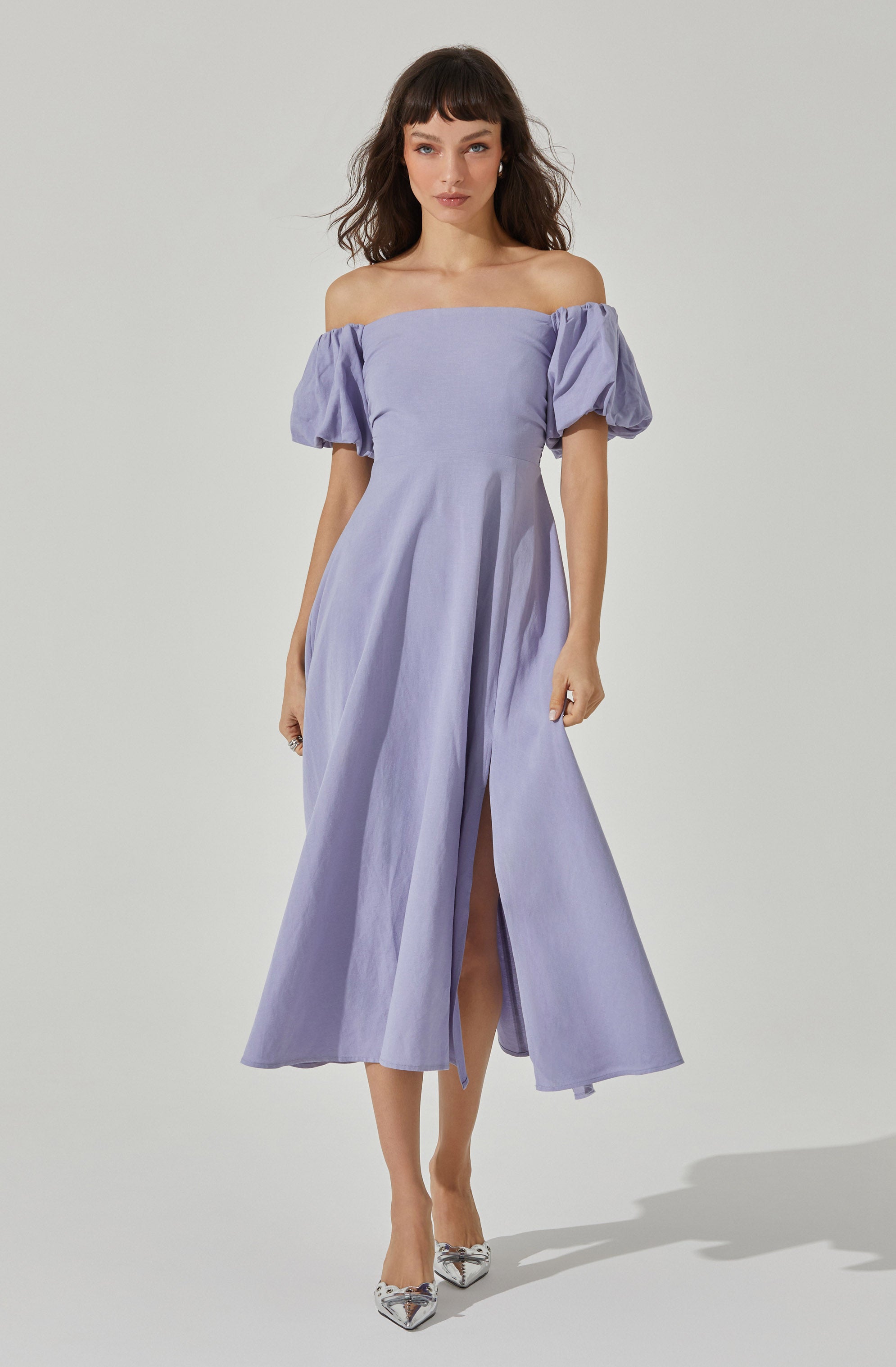 Off Shoulder Puff Sleeve Midi Dress-Aljck