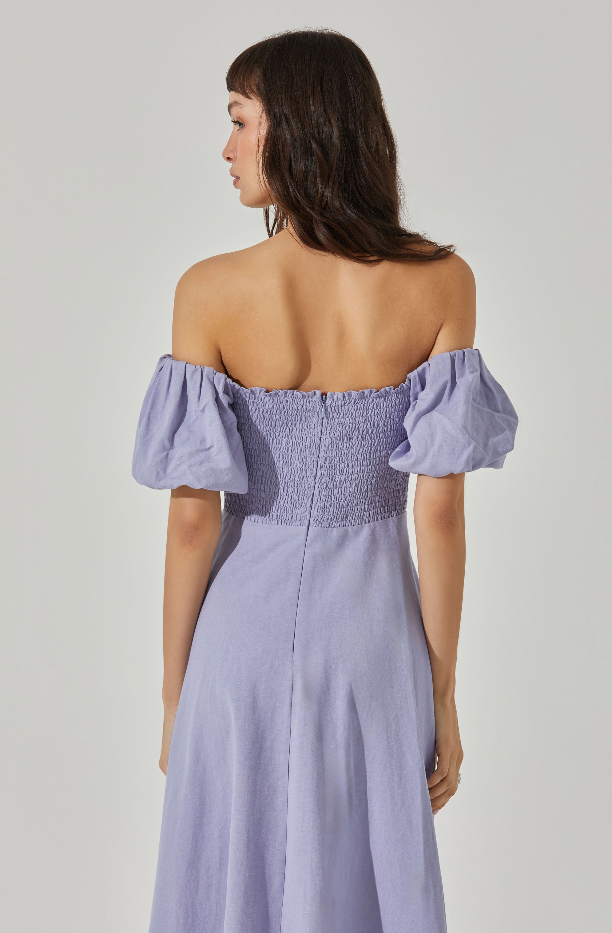 Off Shoulder Puff Sleeve Midi Dress-Aljck