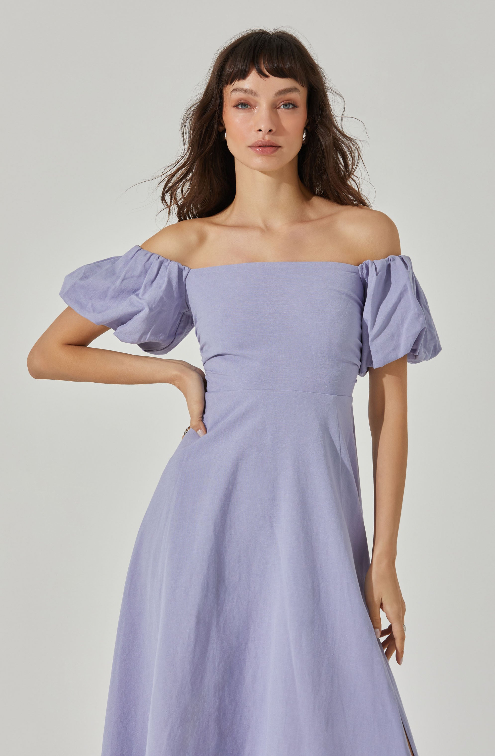 Off Shoulder Puff Sleeve Midi Dress-Aljck