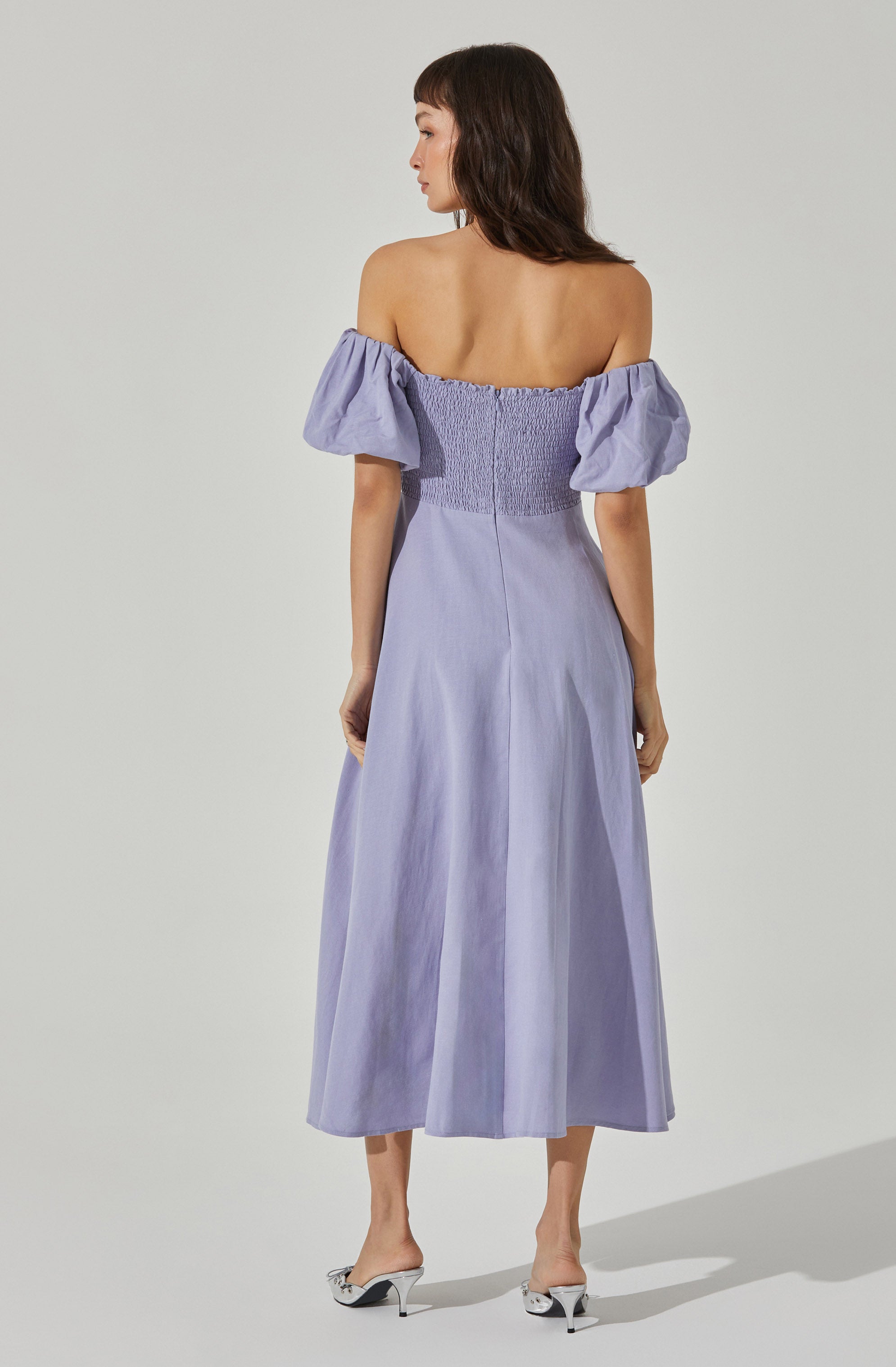 Off Shoulder Puff Sleeve Midi Dress-Aljck