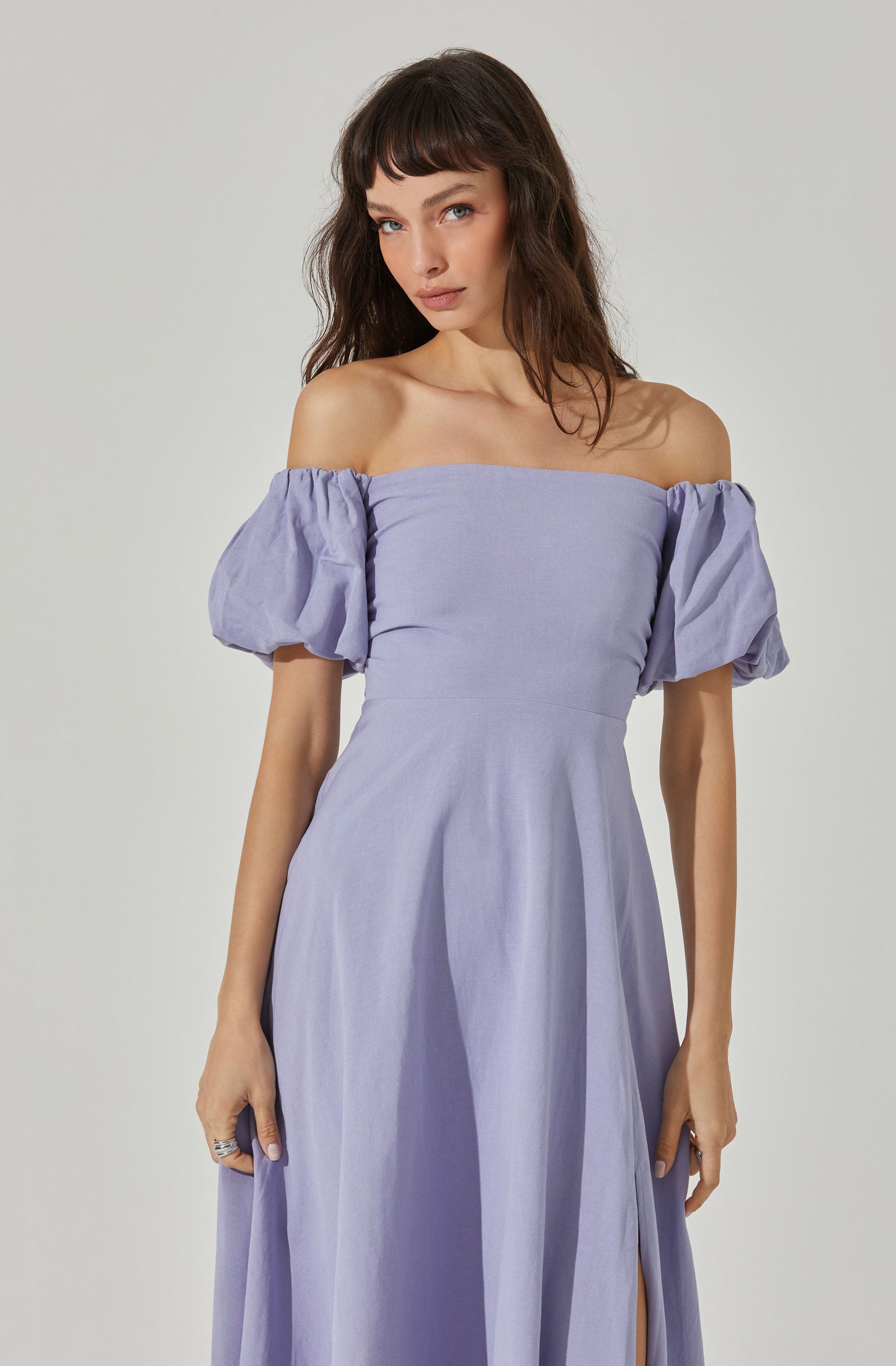 Off Shoulder Puff Sleeve Midi Dress-Aljck