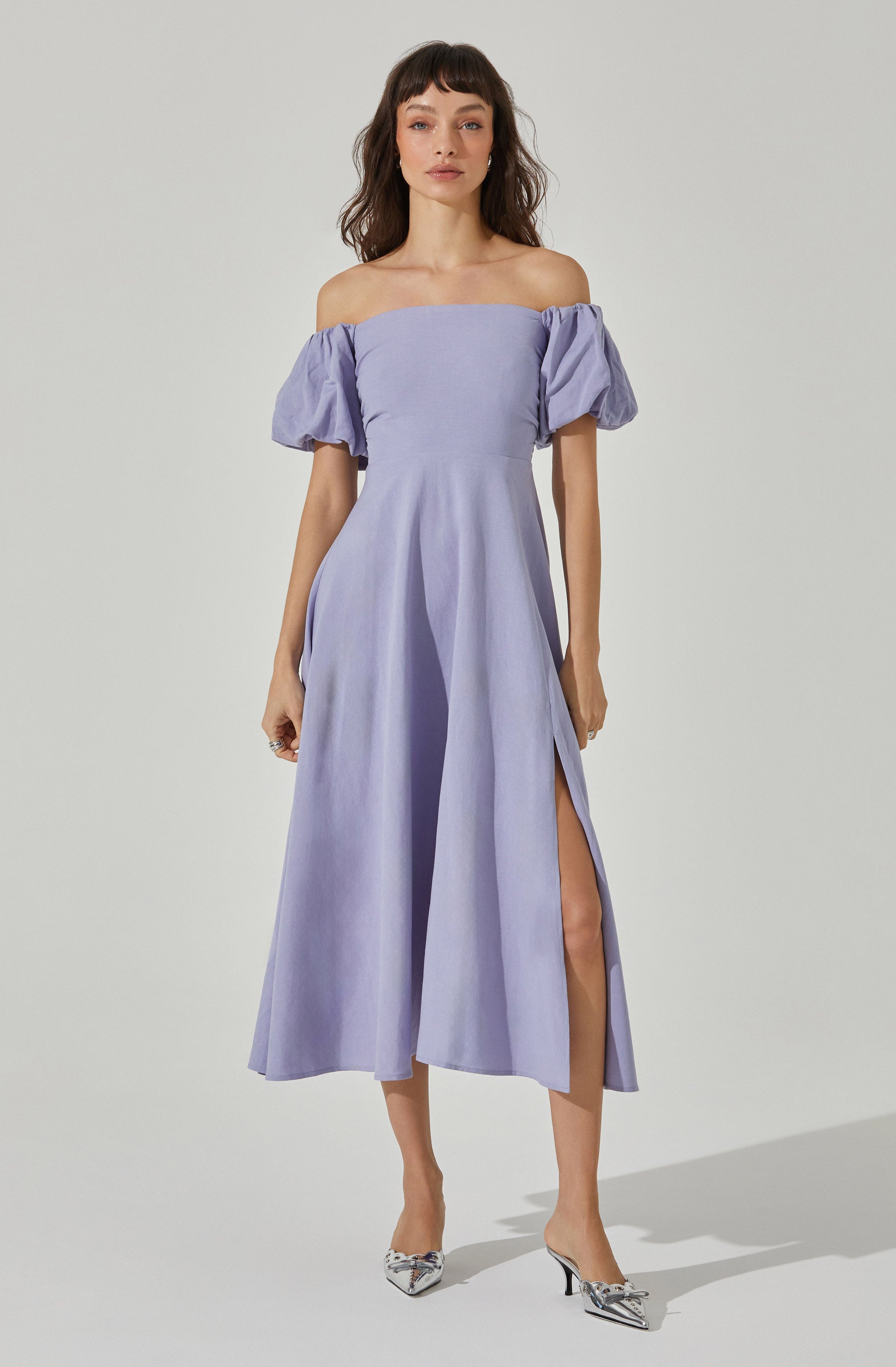 Off Shoulder Puff Sleeve Midi Dress-Aljck