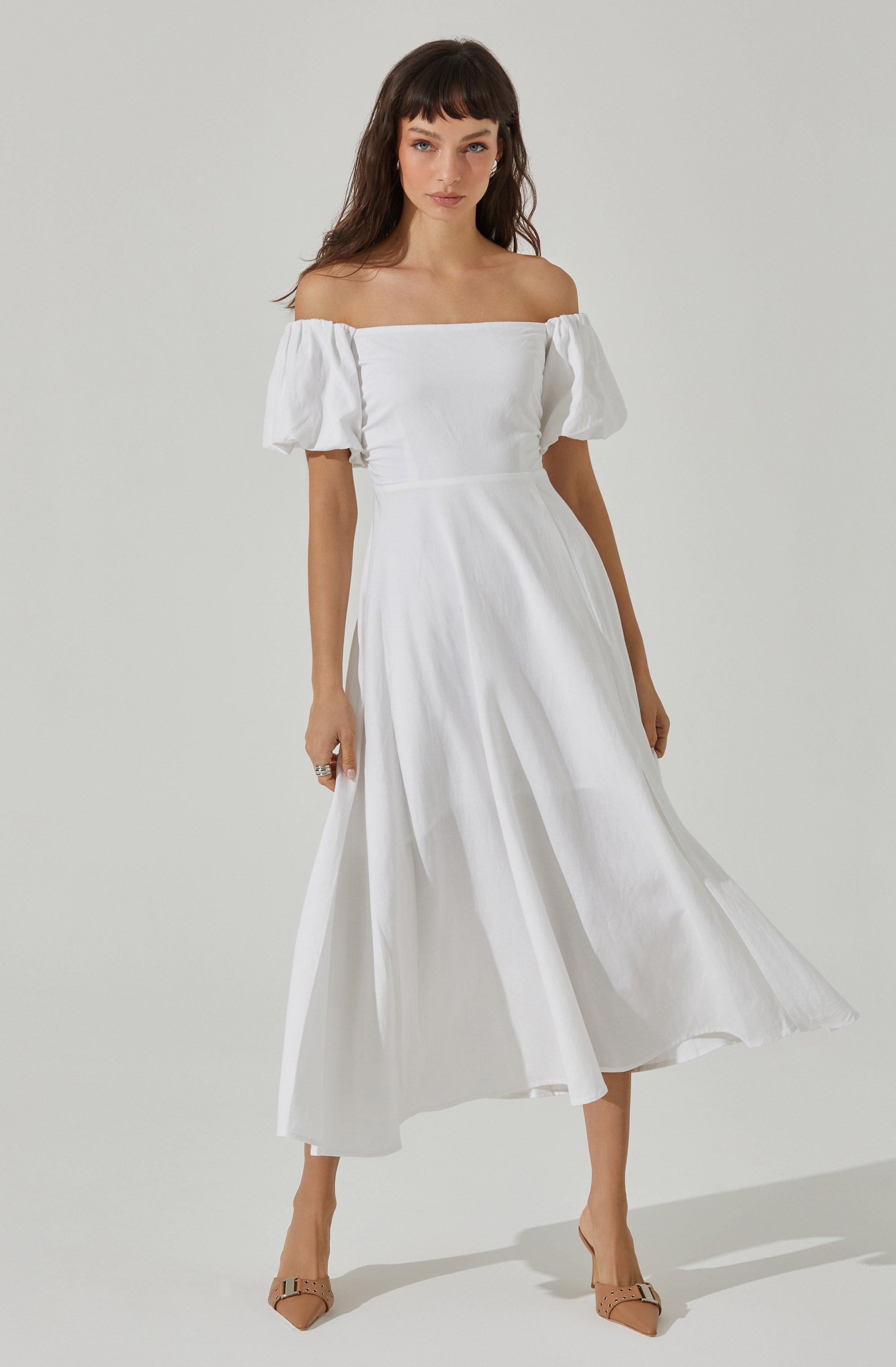 Off Shoulder Puff Sleeve Midi Dress-Aljck