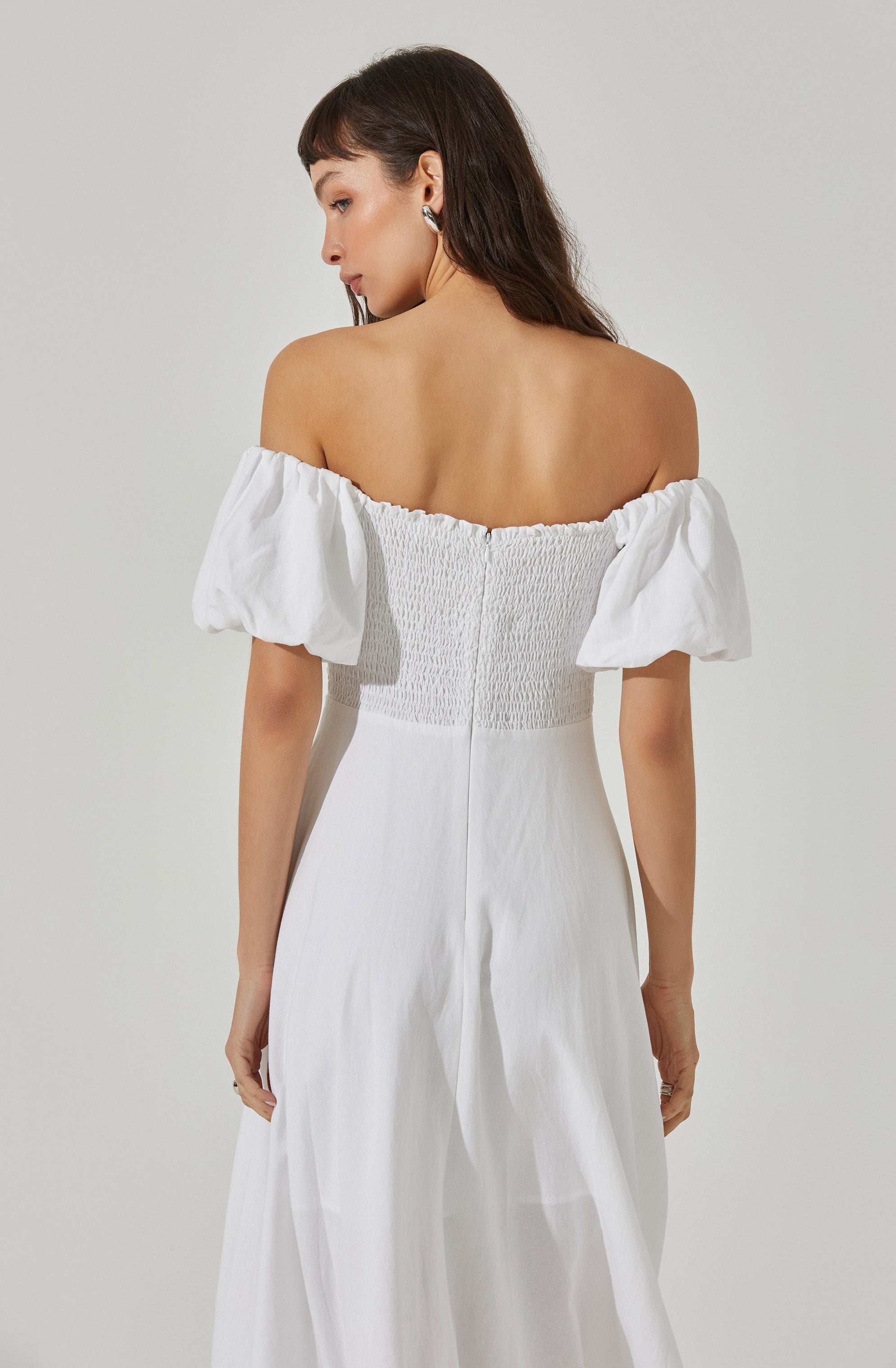 Off Shoulder Puff Sleeve Midi Dress-Aljck