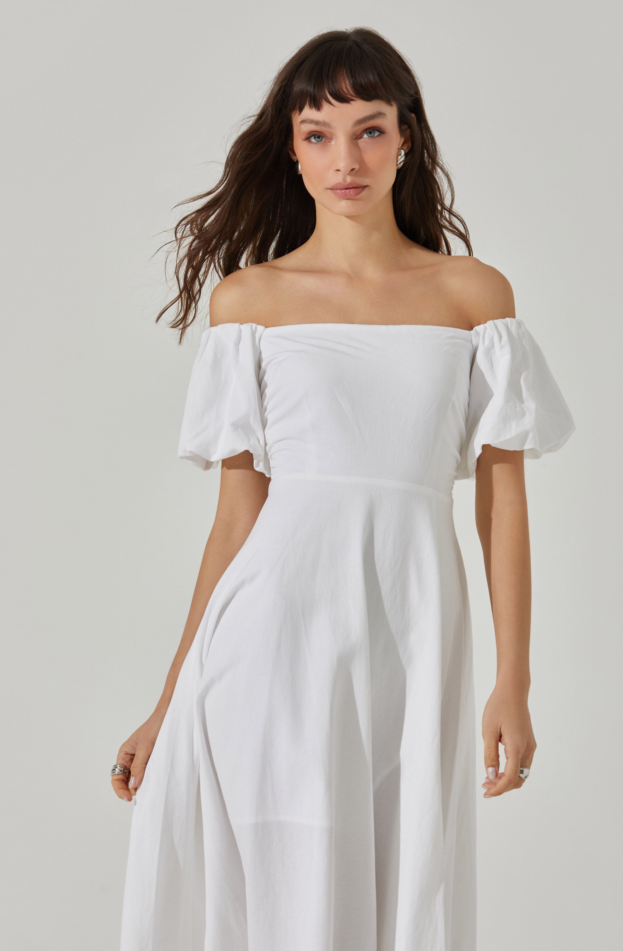 Off Shoulder Puff Sleeve Midi Dress-Aljck