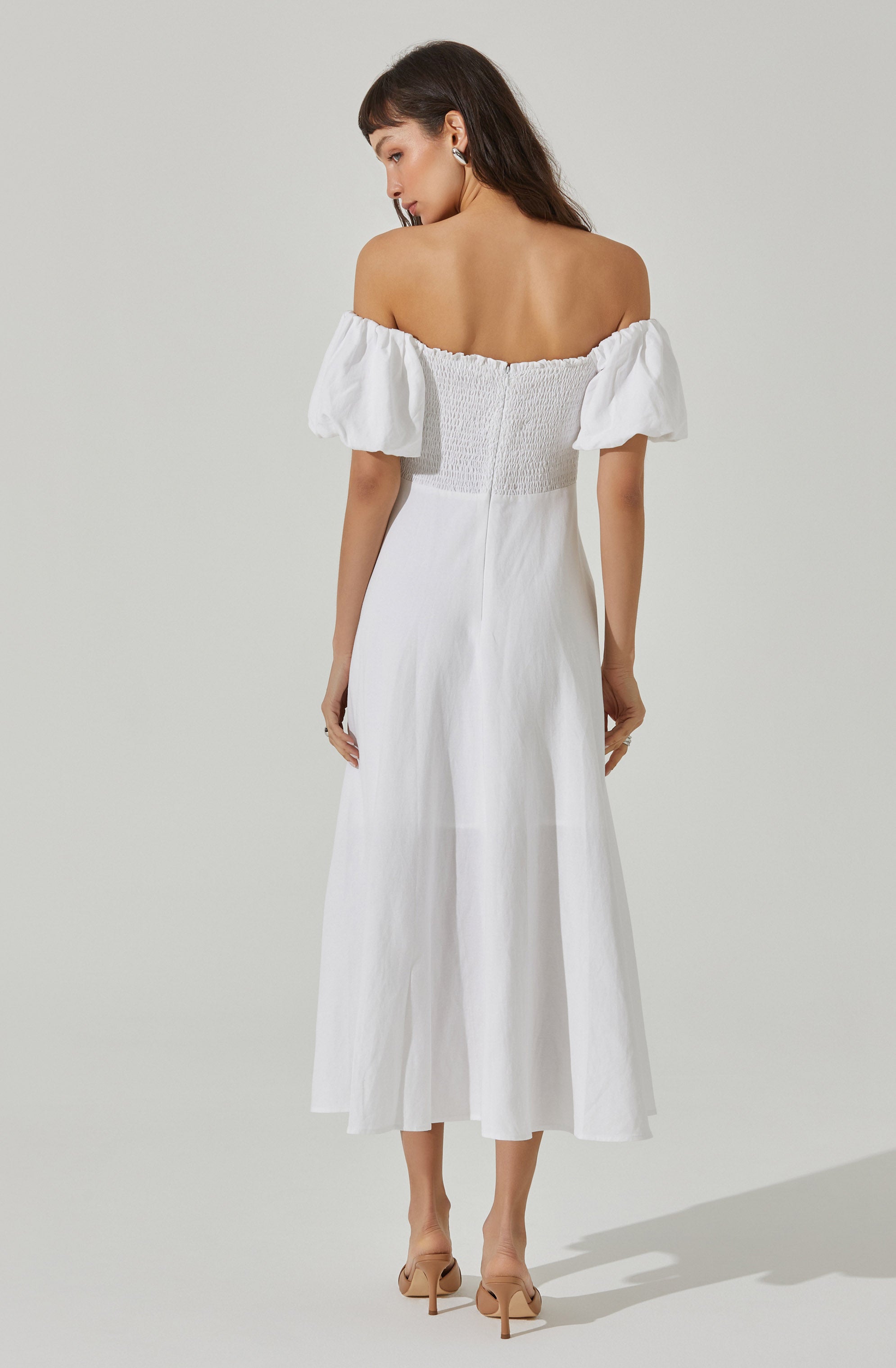 Off Shoulder Puff Sleeve Midi Dress-Aljck