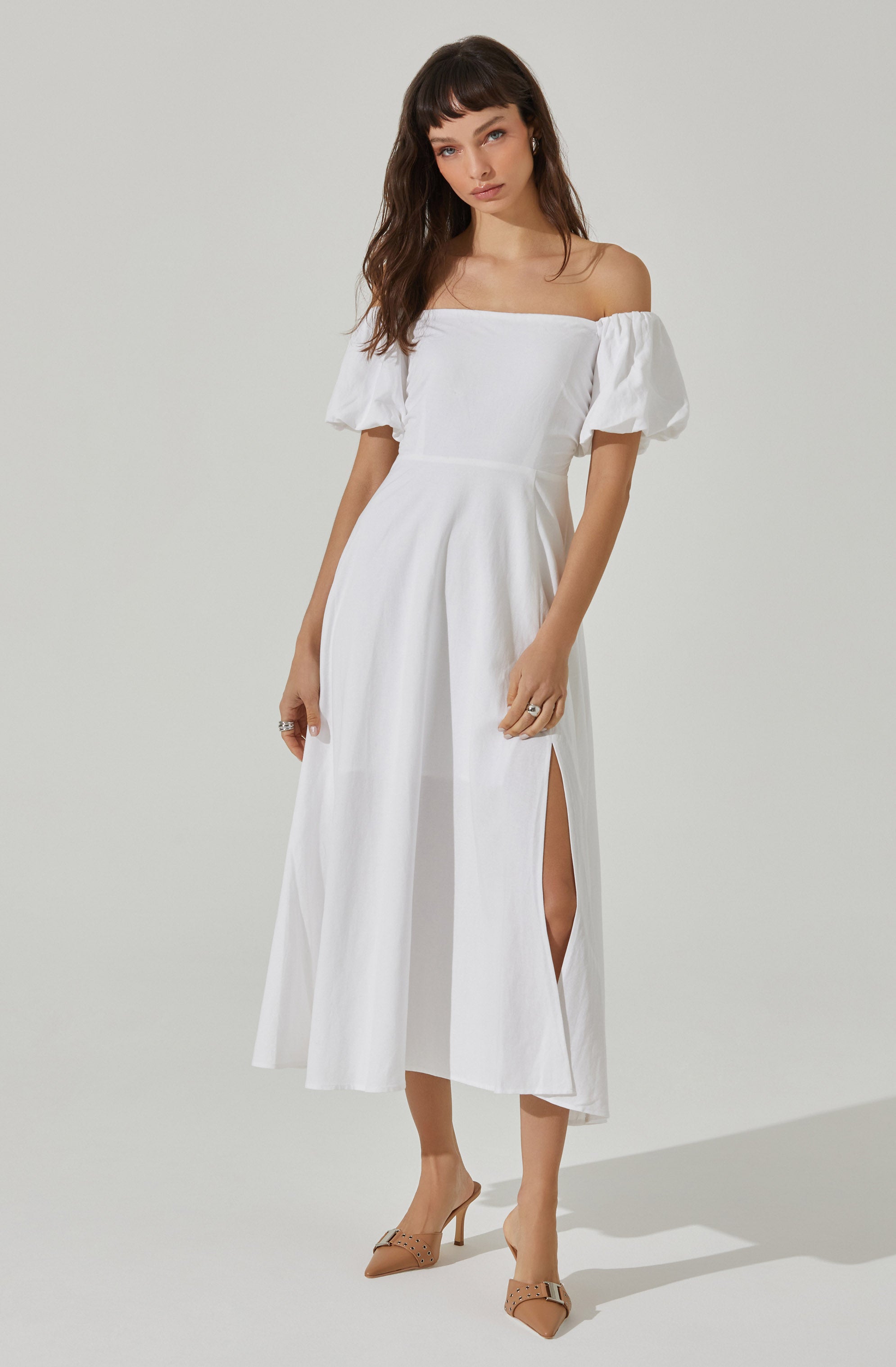 Off Shoulder Puff Sleeve Midi Dress-Aljck