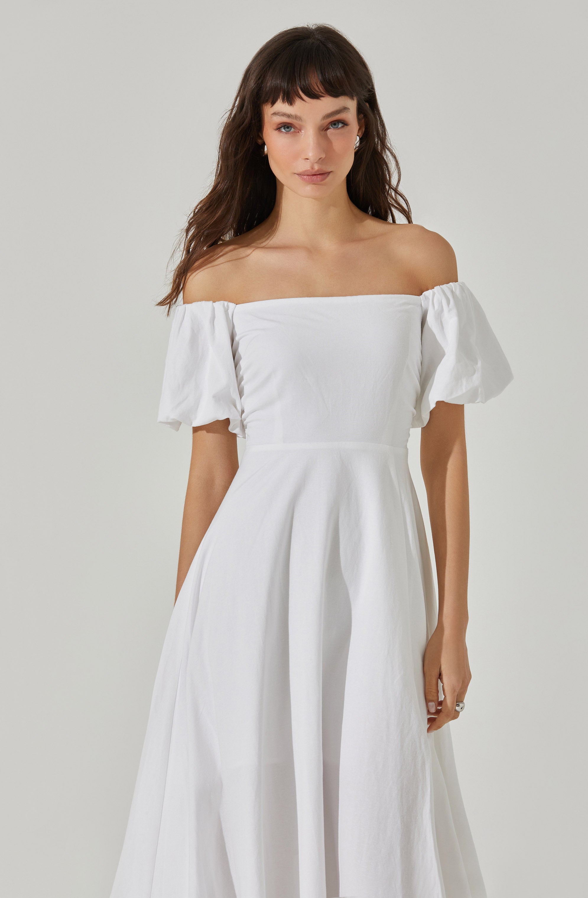 Off Shoulder Puff Sleeve Midi Dress-Aljck