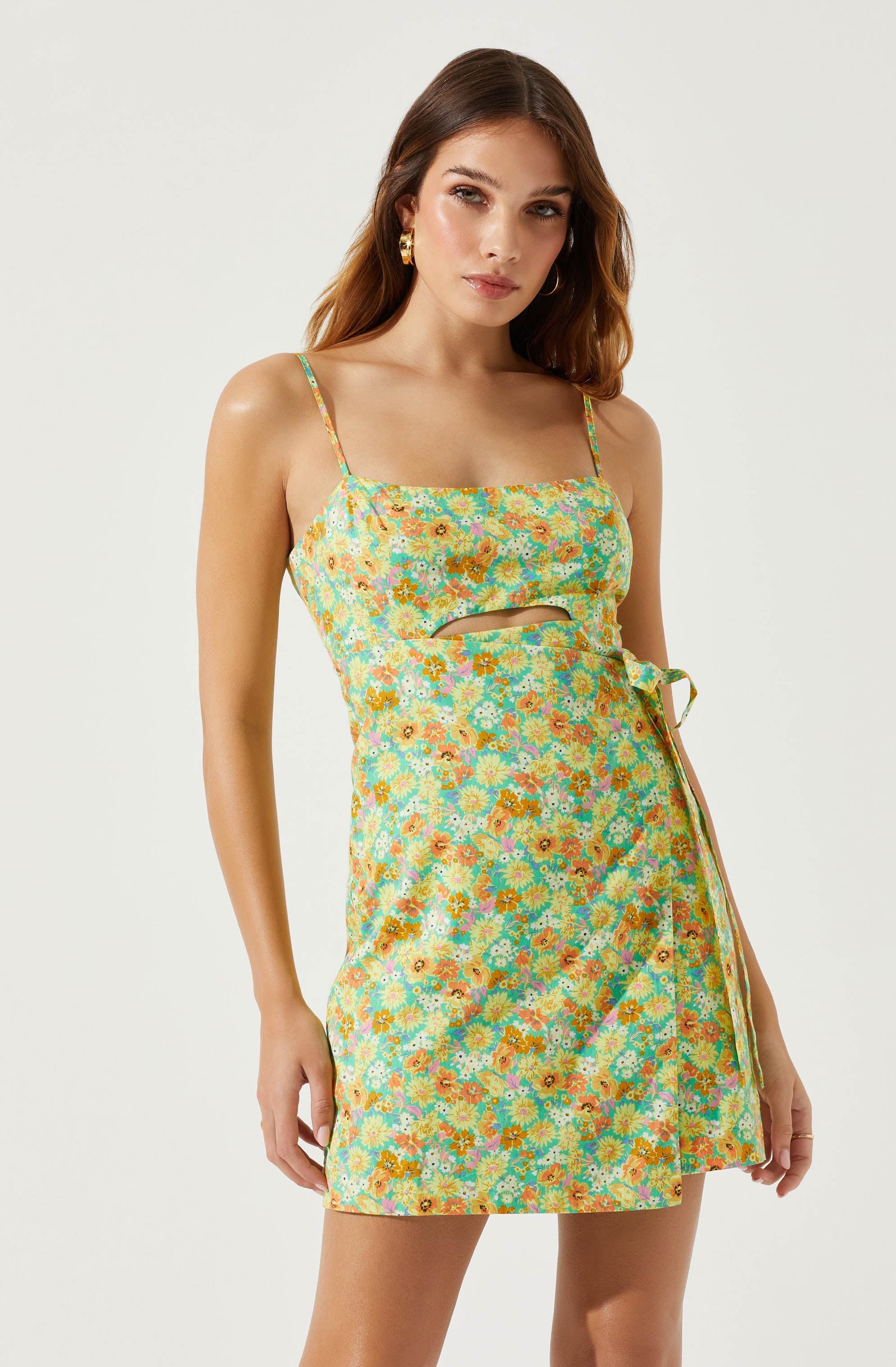 Keyhole Wrap Floral Mini Dress-Aljck