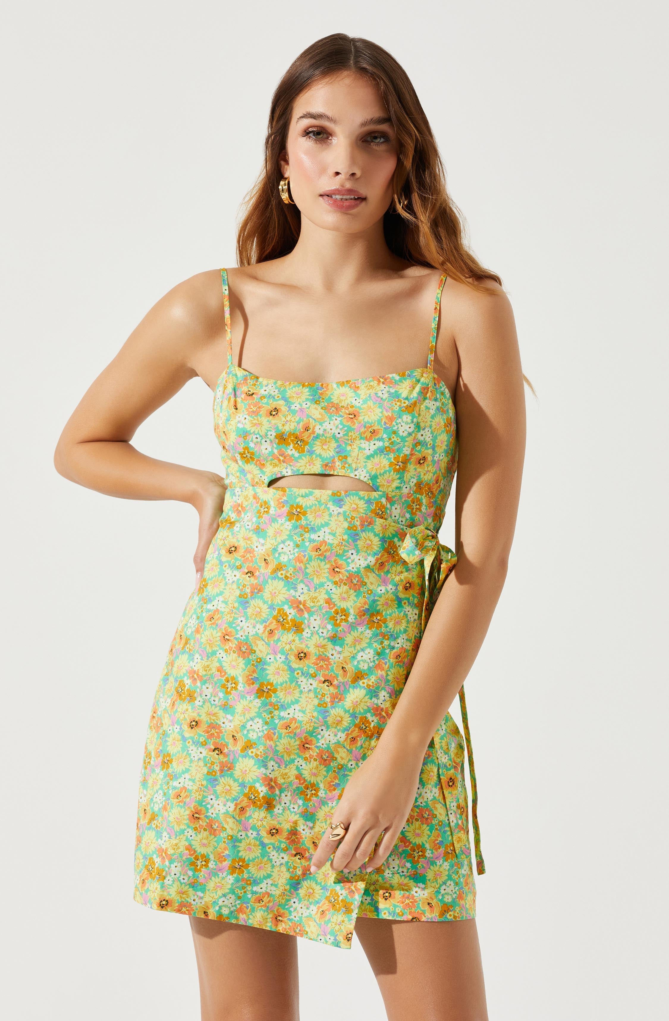 Keyhole Wrap Floral Mini Dress-Aljck
