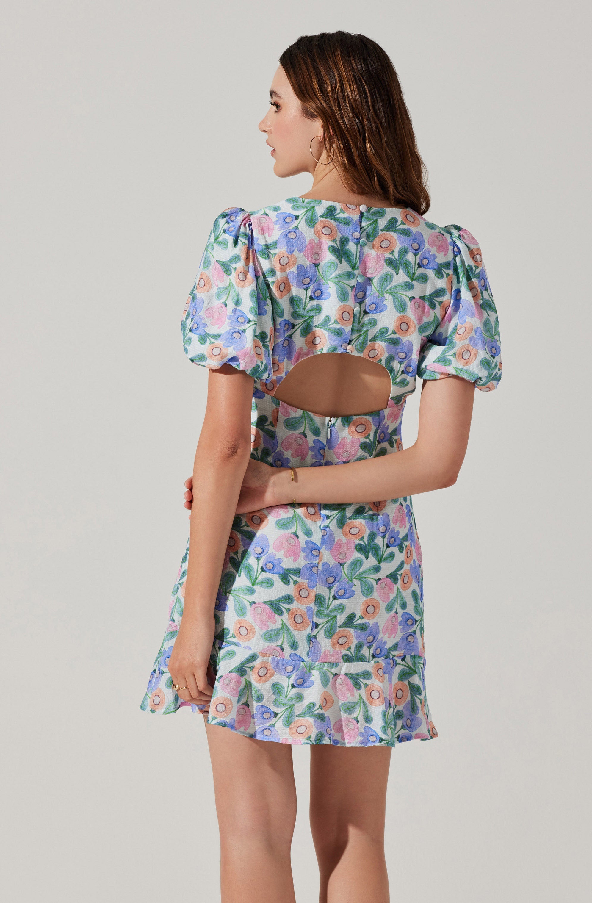 Flutter Sleeve Cutout Floral Mini Dress-Aljck