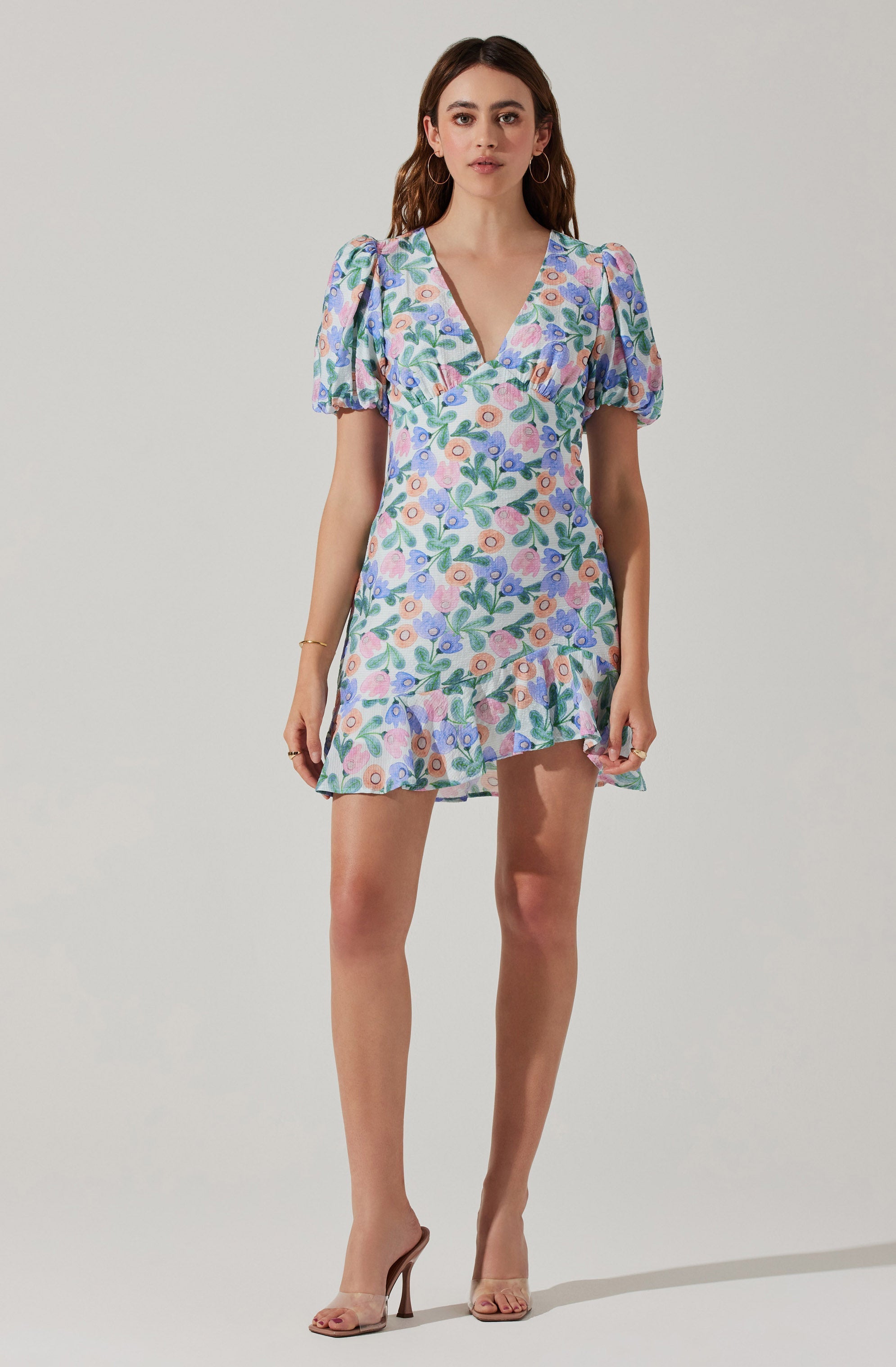 Flutter Sleeve Cutout Floral Mini Dress-Aljck