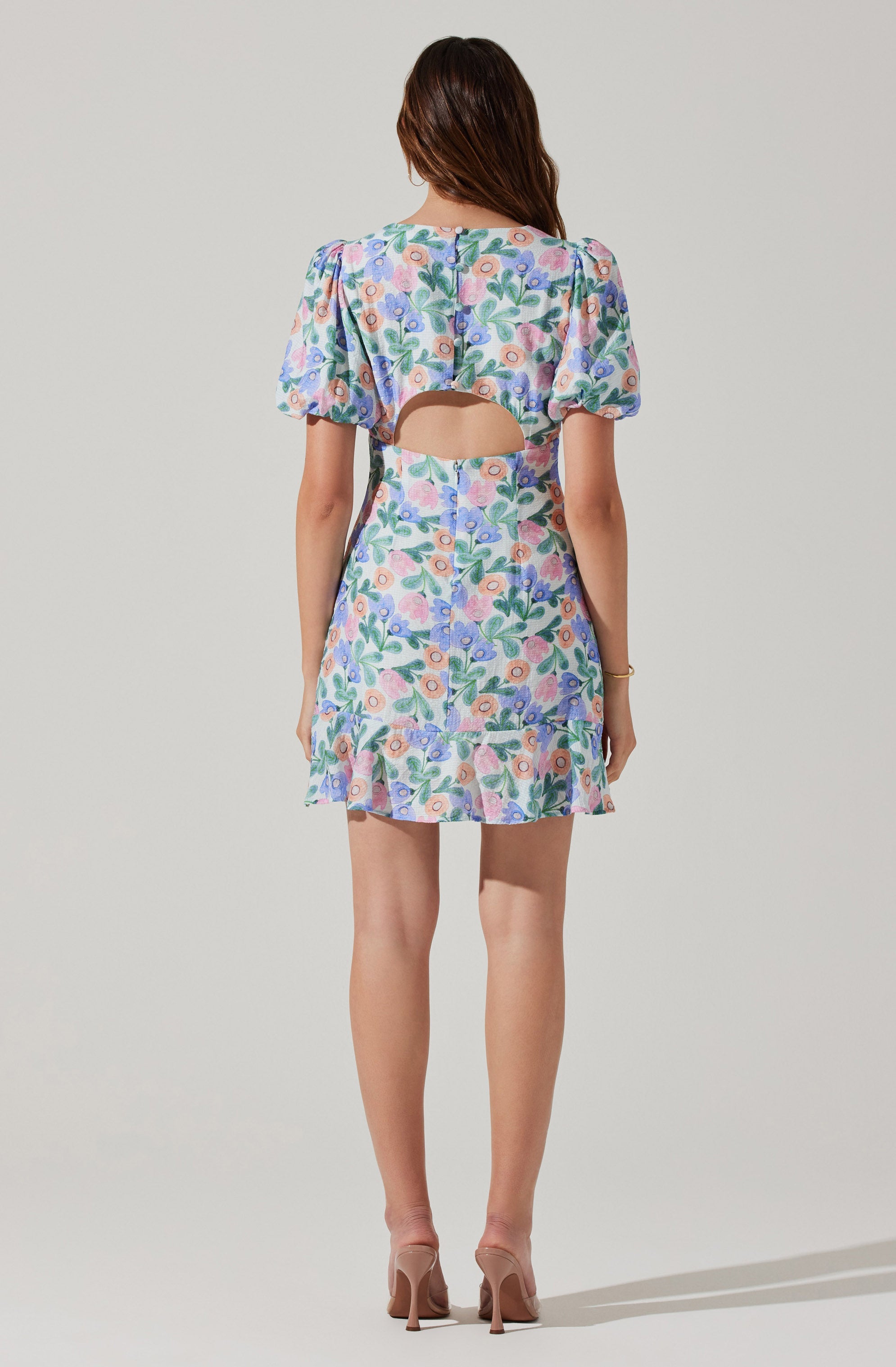 Flutter Sleeve Cutout Floral Mini Dress-Aljck