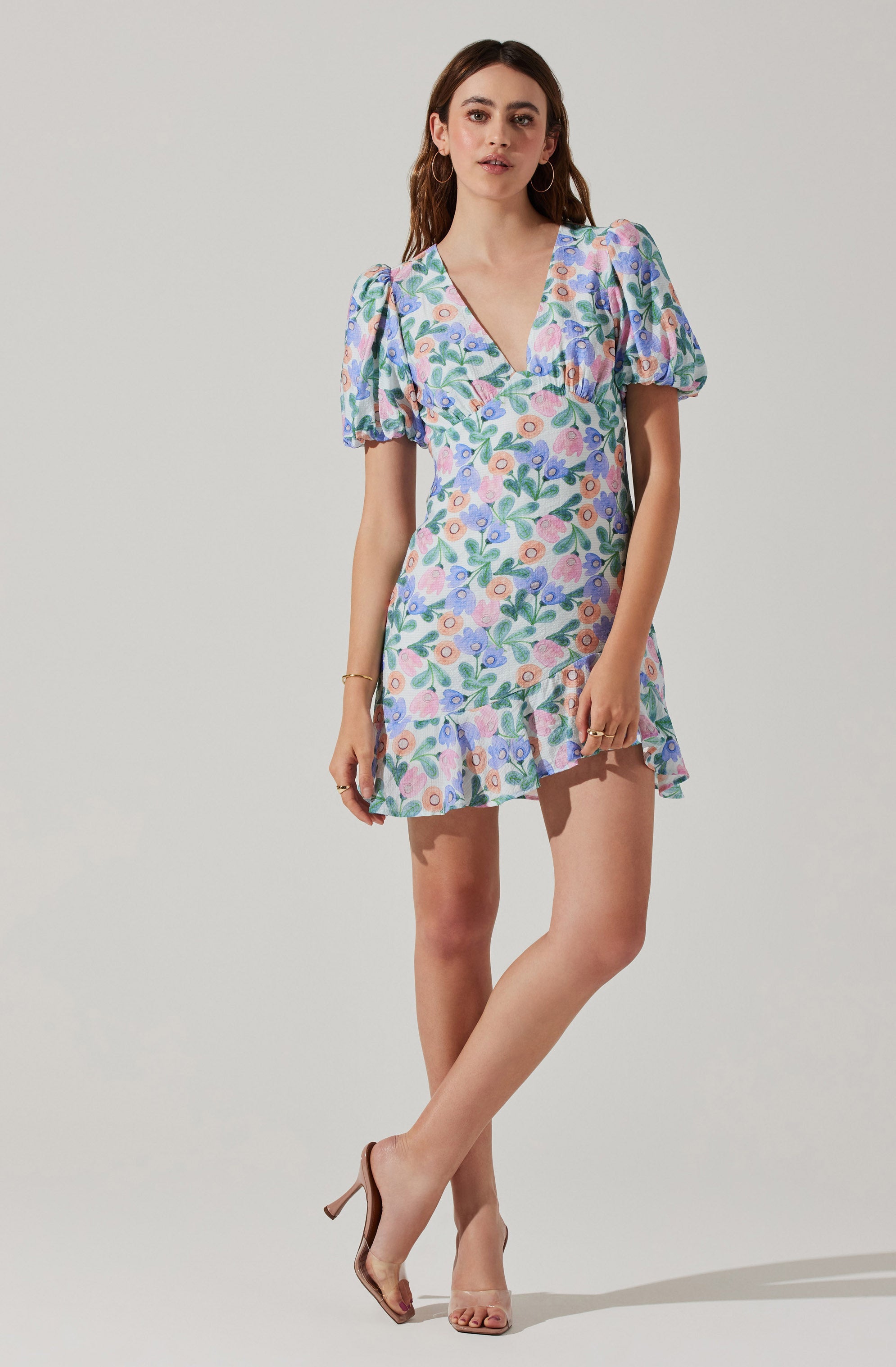 Flutter Sleeve Cutout Floral Mini Dress-Aljck